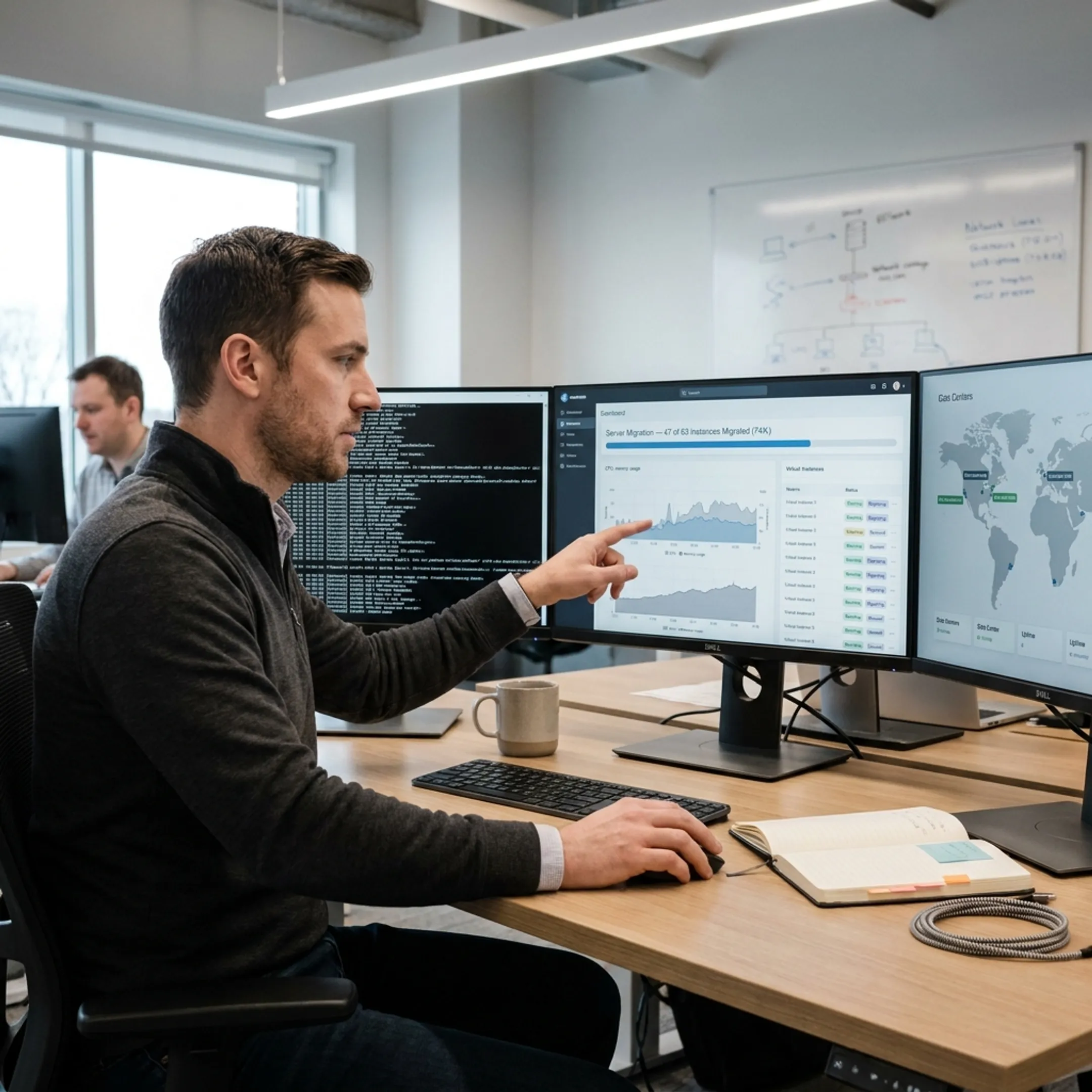 Cloud infrastructure diagram and server migration monitoring display
