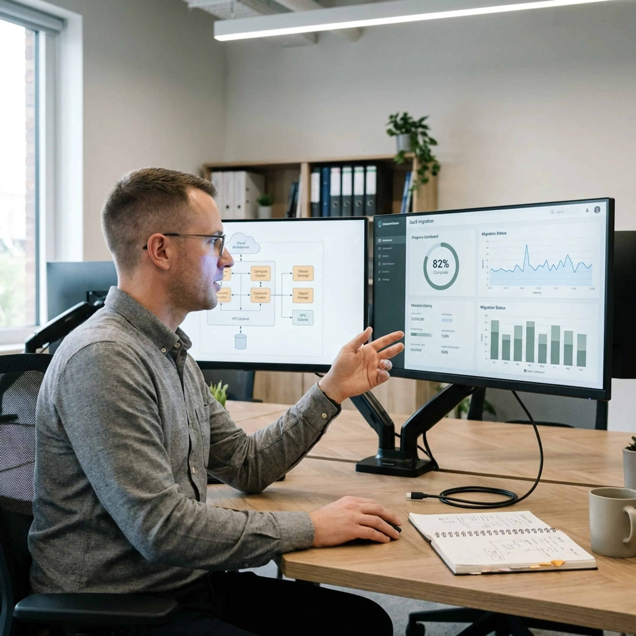 Cloud network engineer configuring cloud migration infrastructure on a laptop