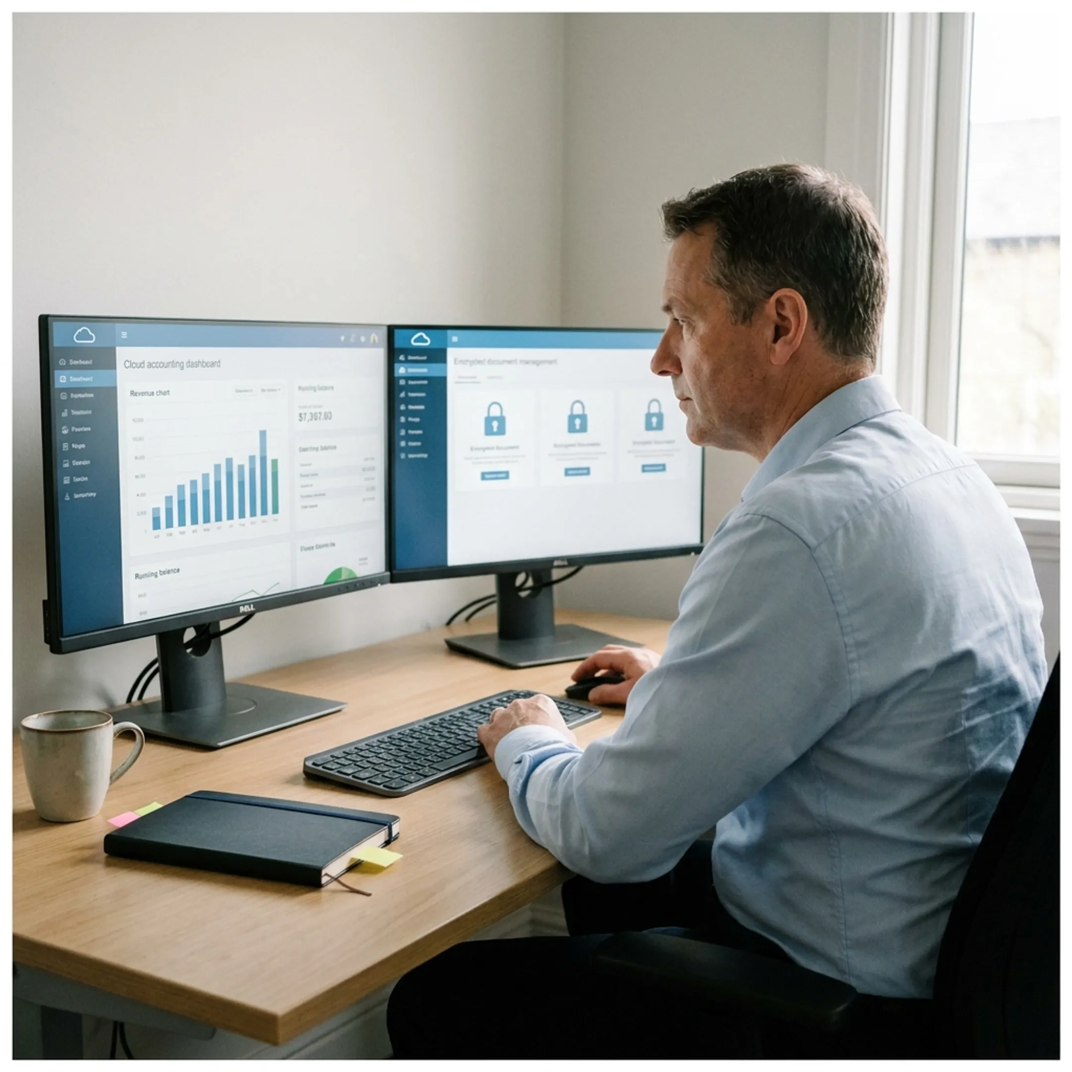 Secure cloud dashboard and financial management tools displayed on dual monitors