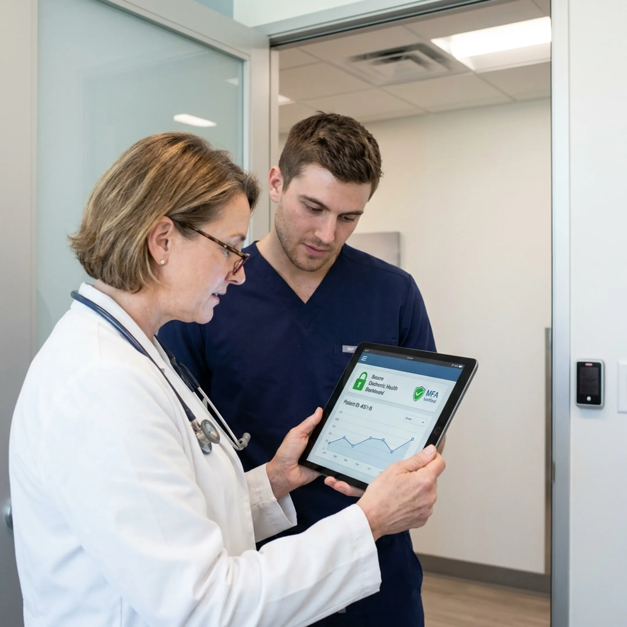 Medical professionals accessing secure electronic health records on clinical tablets