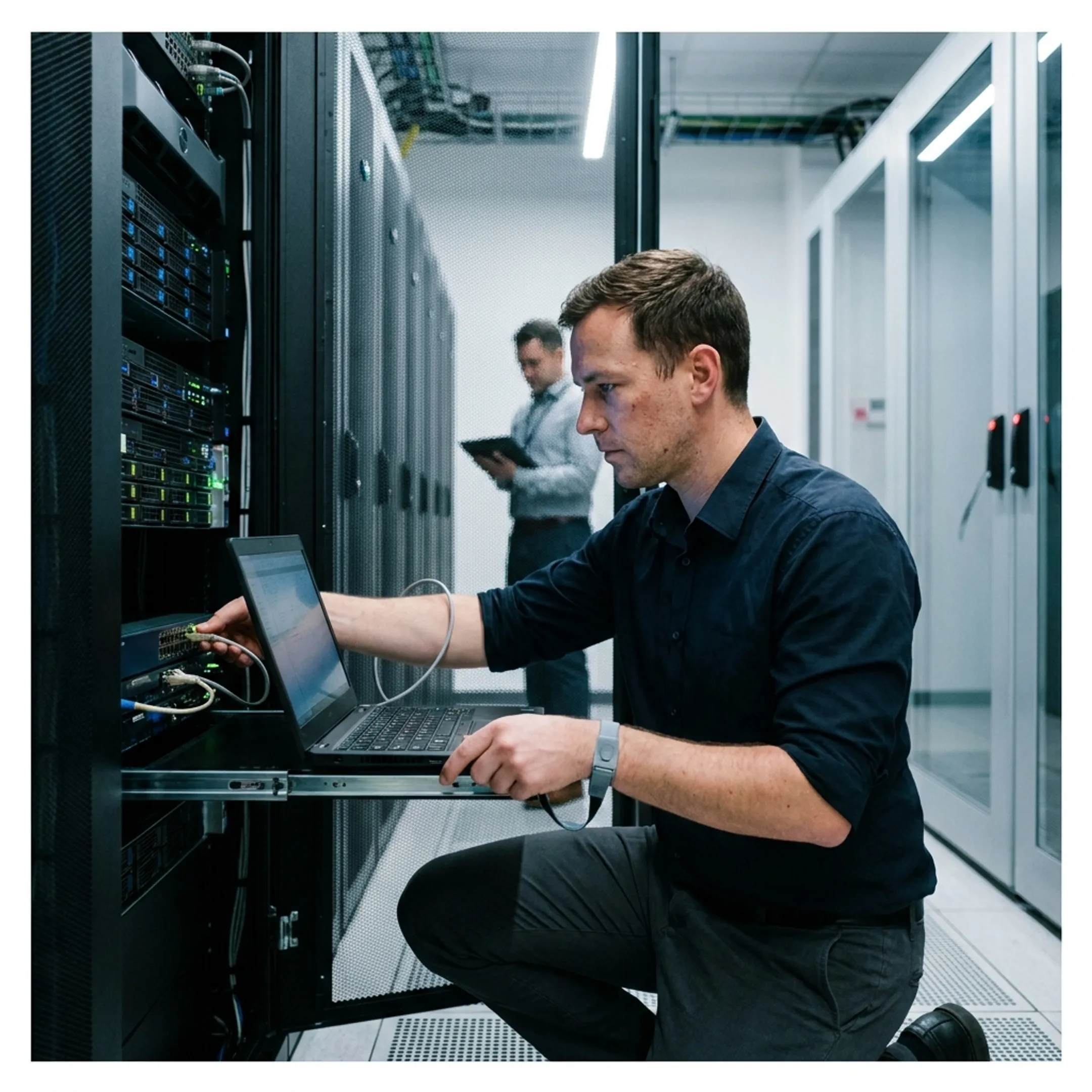IT systems engineer configuring secure server racks and network switches