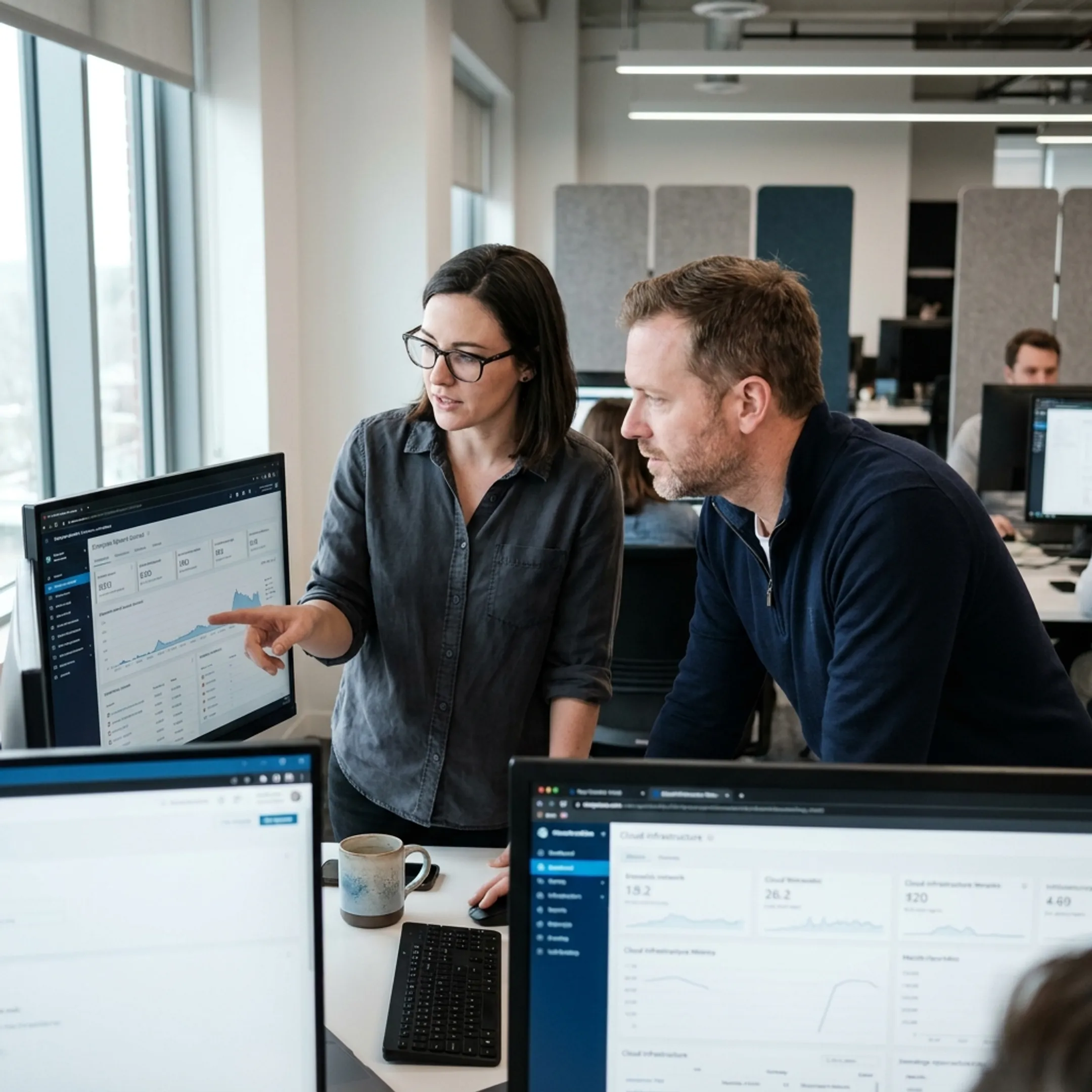 Team collaborating over business IT infrastructure and cybersecurity dashboards