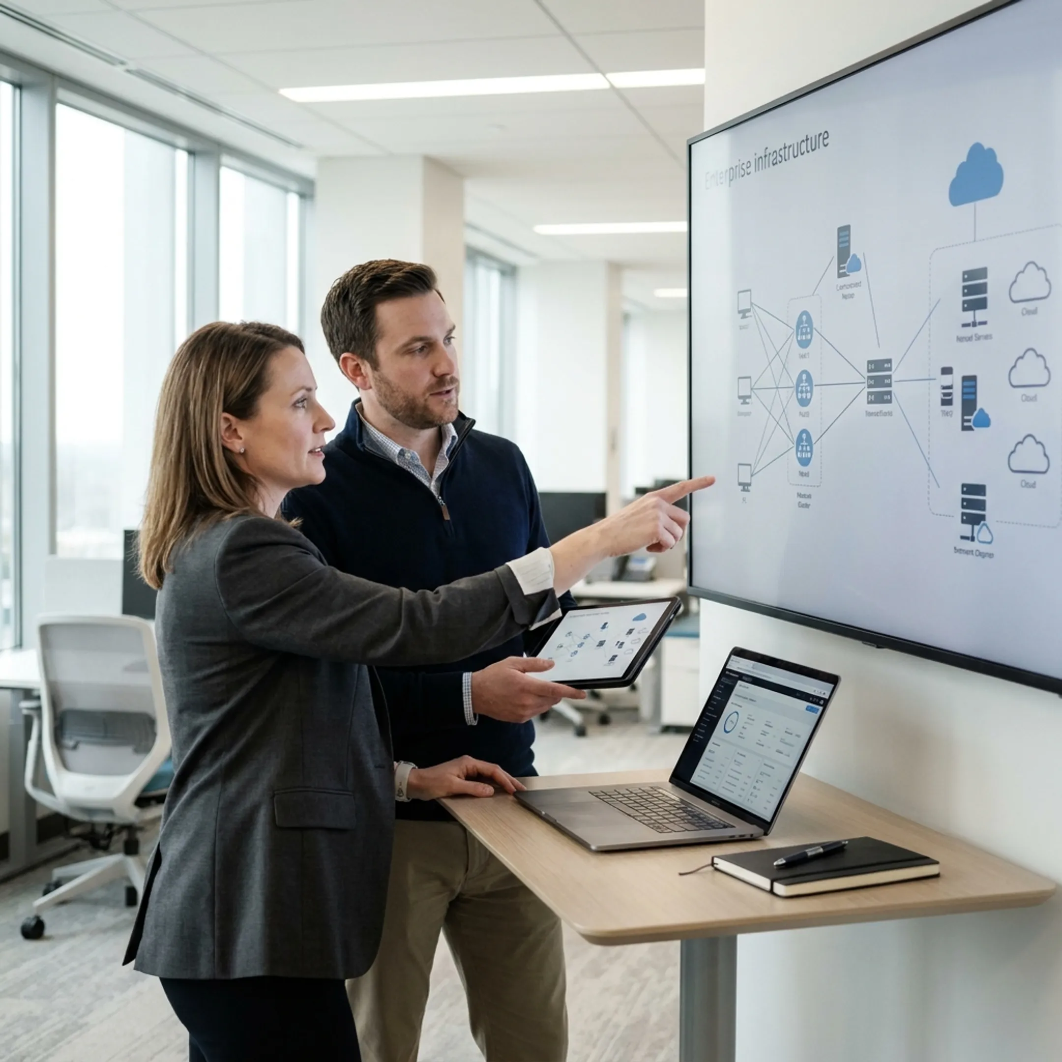 Enterprise technology consultants reviewing network architecture diagrams