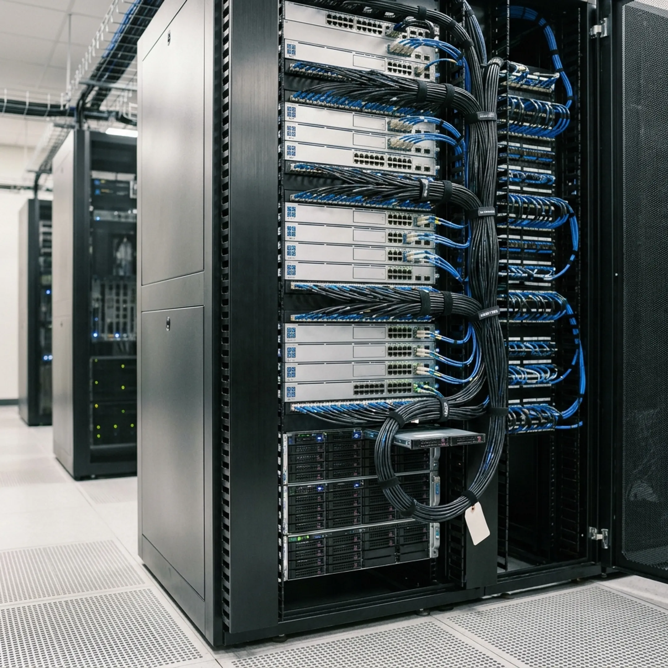 Modern server hardware rack with active fiber optic networking cables