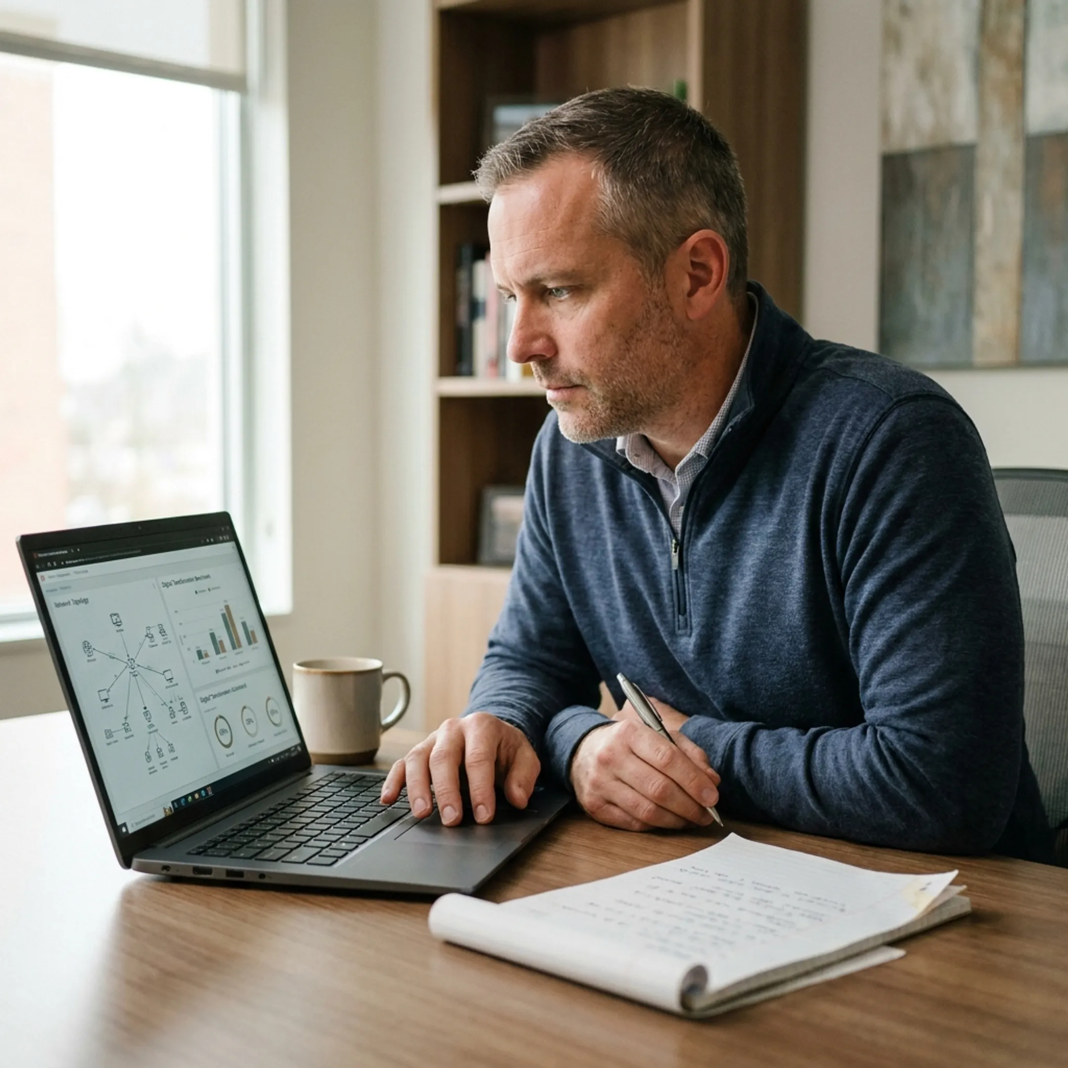 Virtual CTO reviewing digital transformation strategy on laptop
