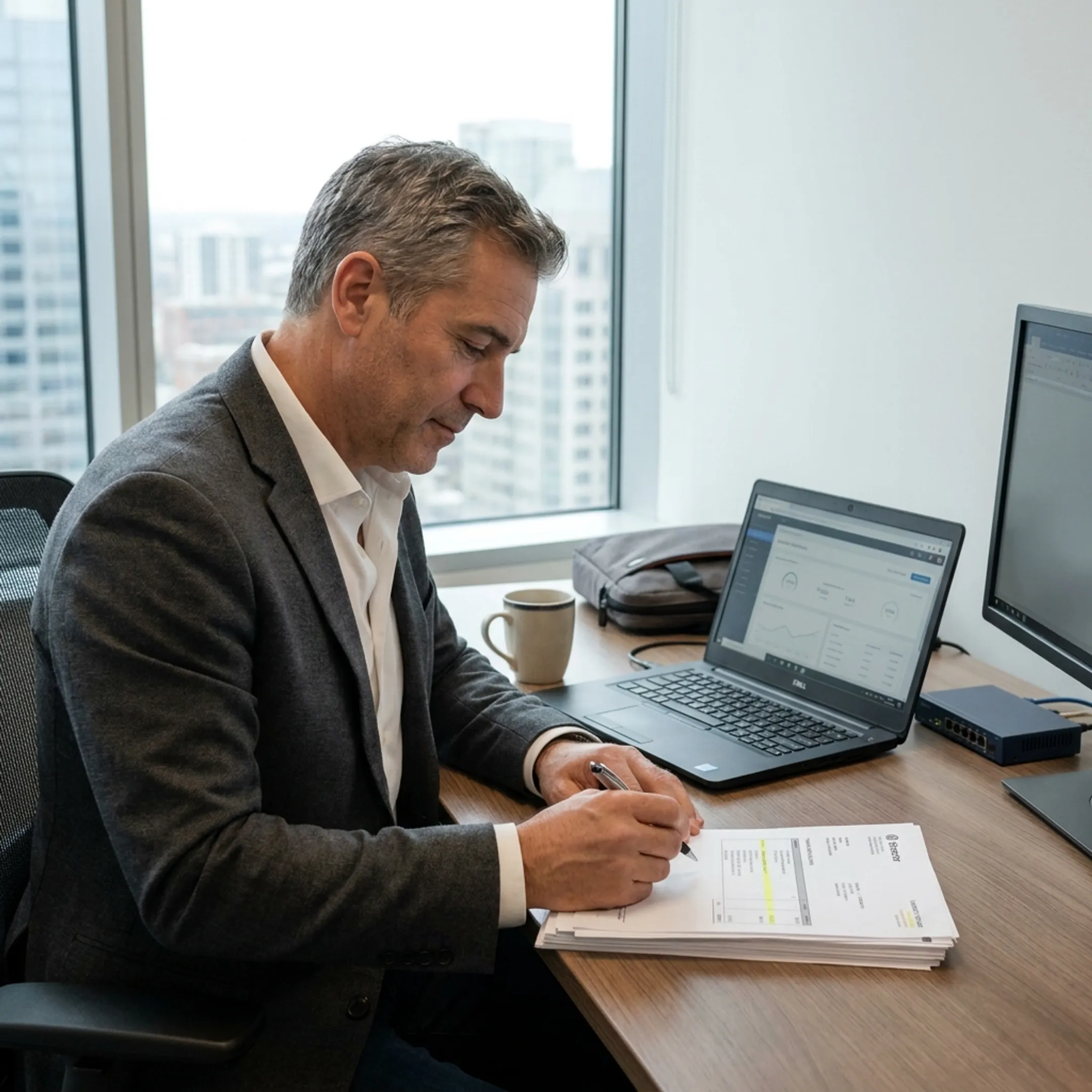 Business professional reviewing hardware financing options and equipment proposals