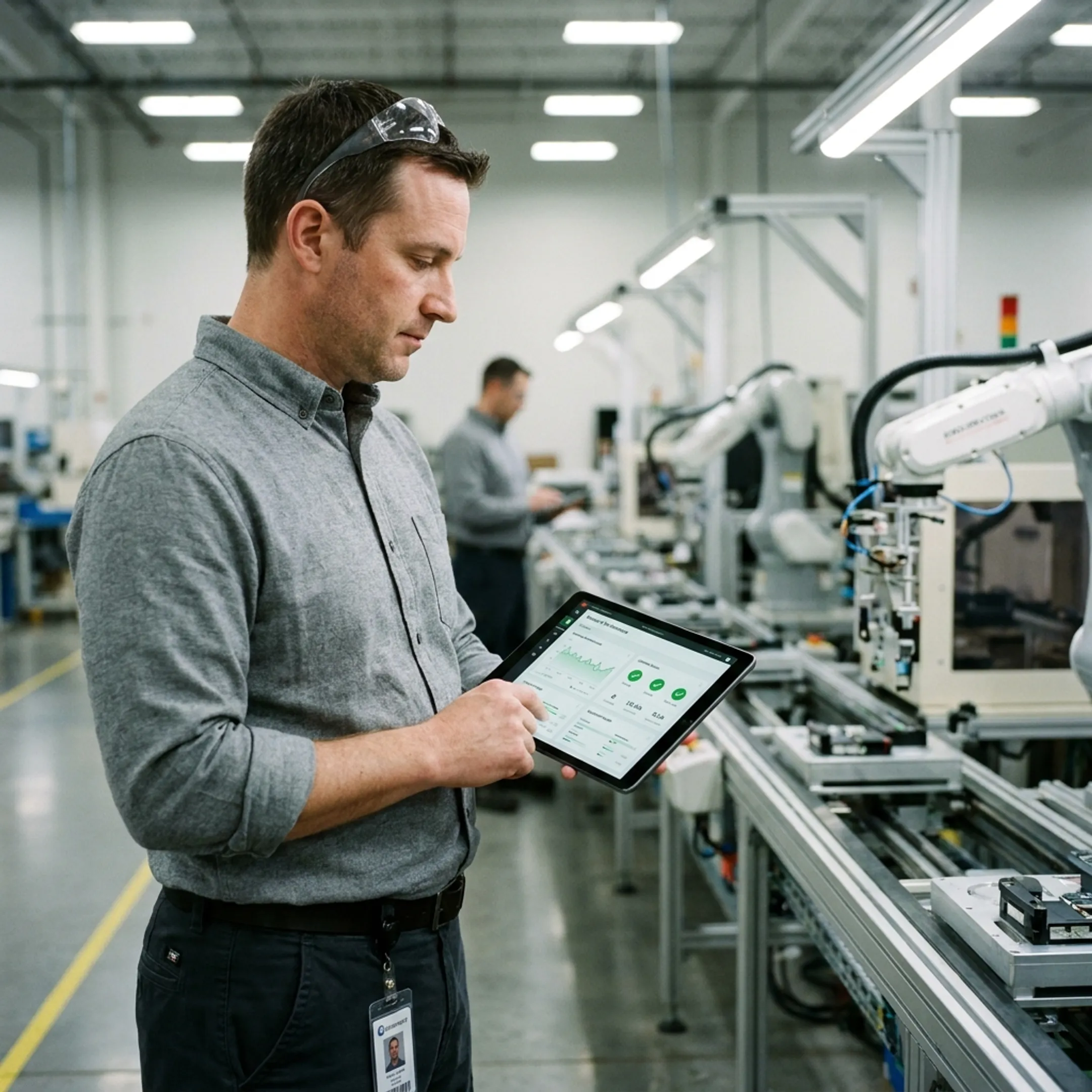 Manufacturing facility supervisor inspecting automated production floor network systems