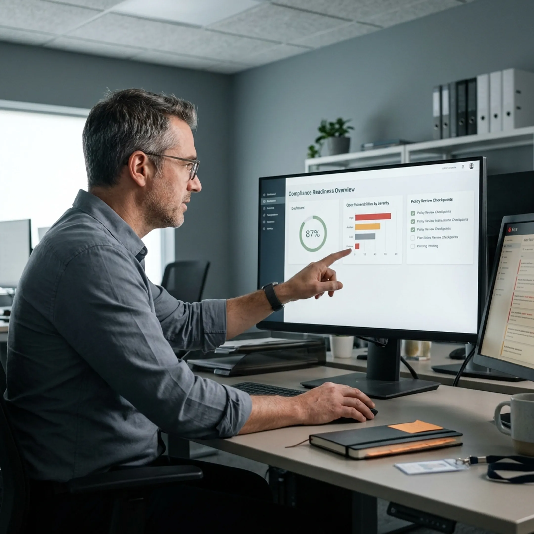 IT compliance dashboard displaying cybersecurity posture scores and audit status