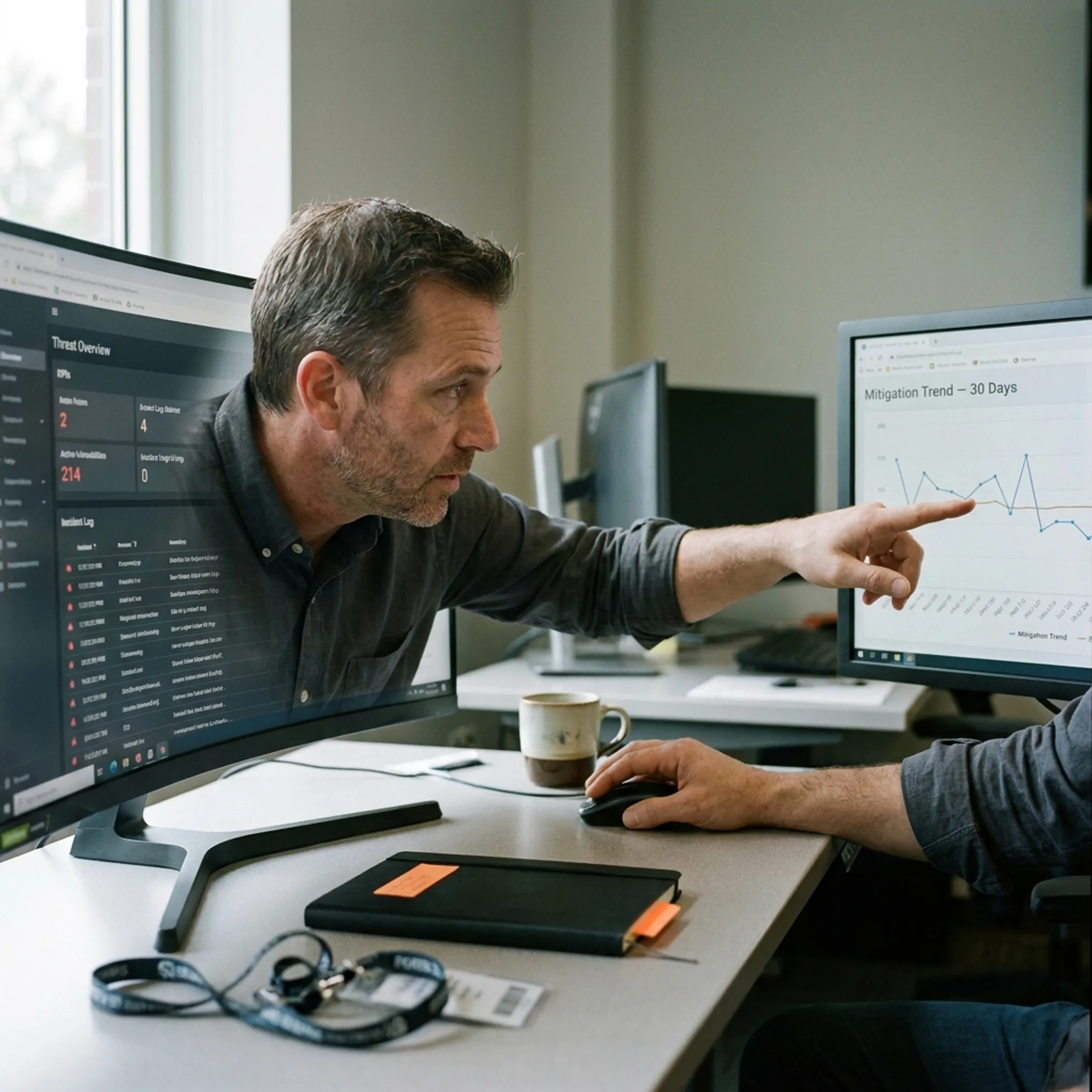 Enterprise cybersecurity dashboard displaying system threat ratings, compliance benchmarks, and network status.