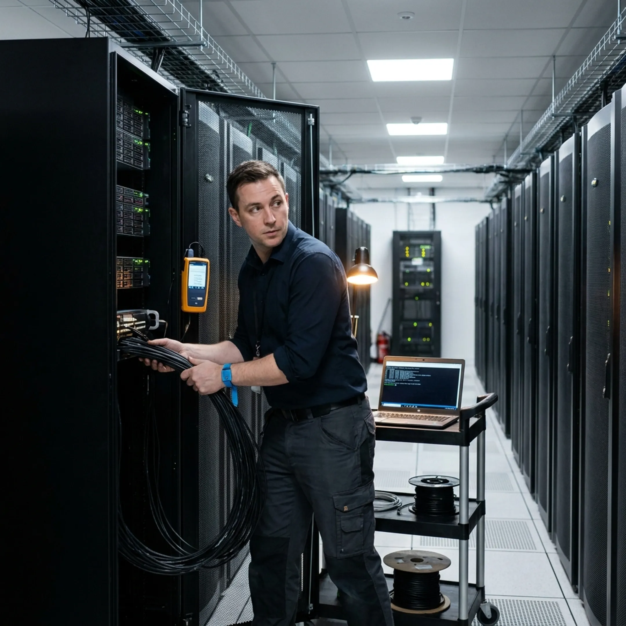 IT specialist configuring server racks in a secure data facility