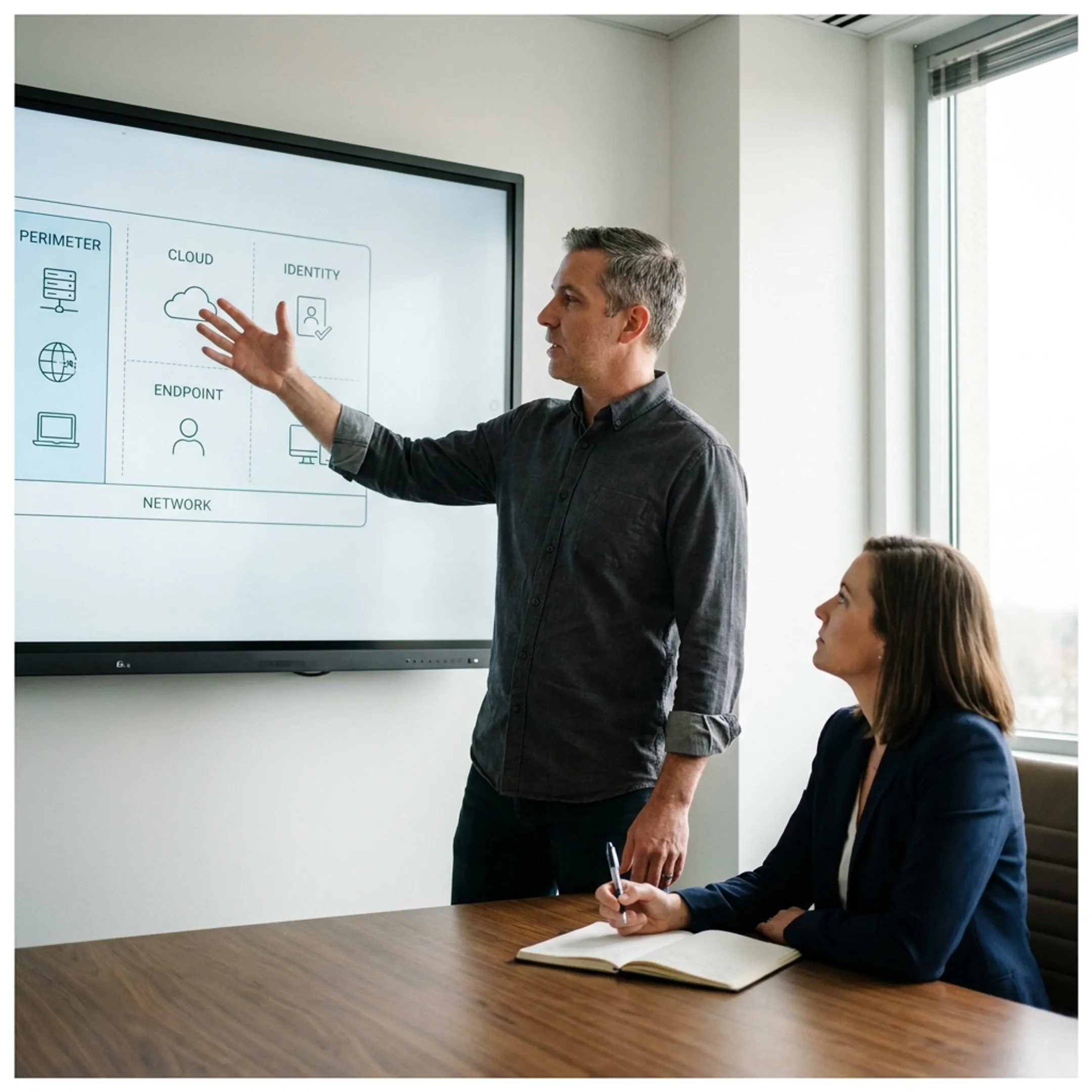 Executive IT consultant presenting digital transformation roadmap on digital screen