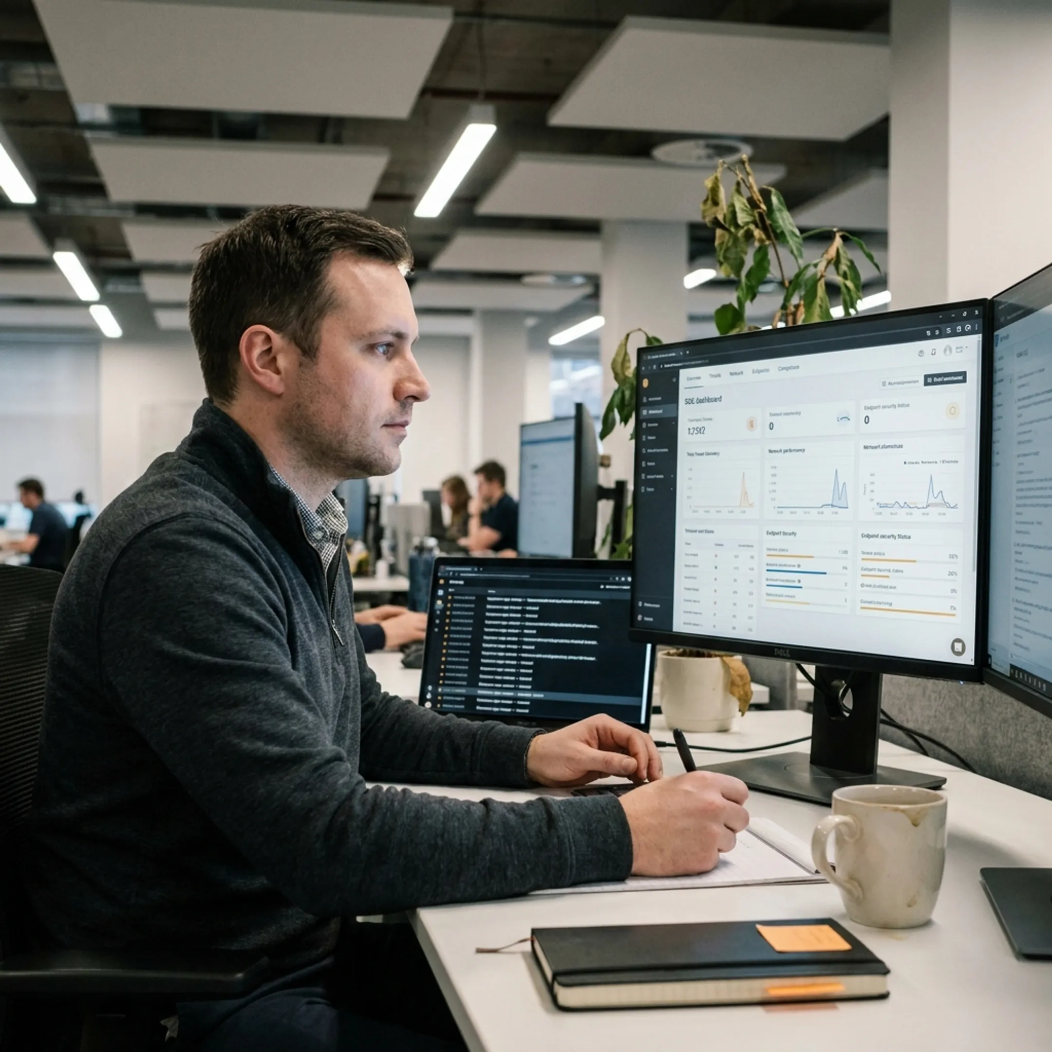 Cybersecurity dashboard displaying network threat analysis and system health