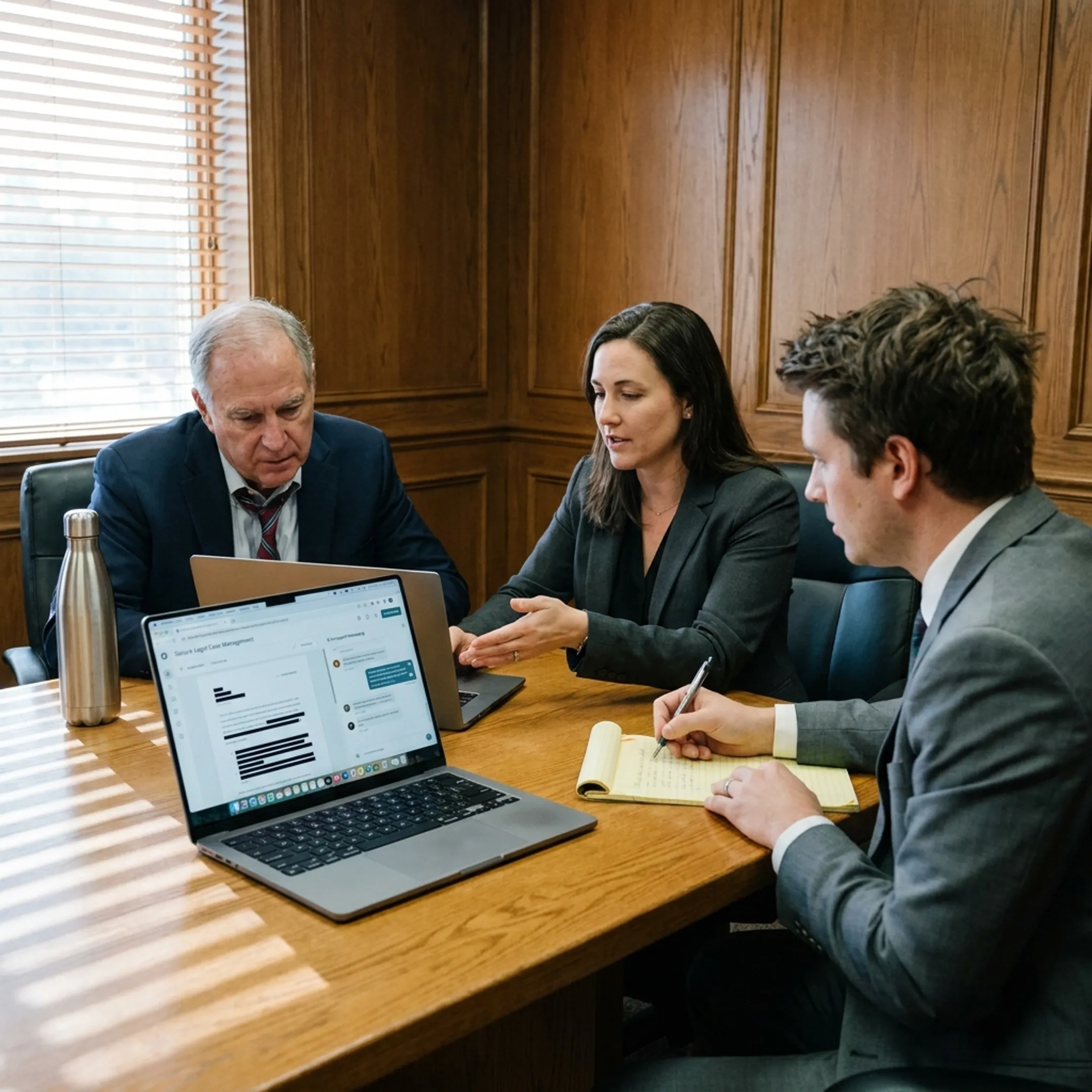 Modern law office conference room equipped with secure IT infrastructure and digital displays