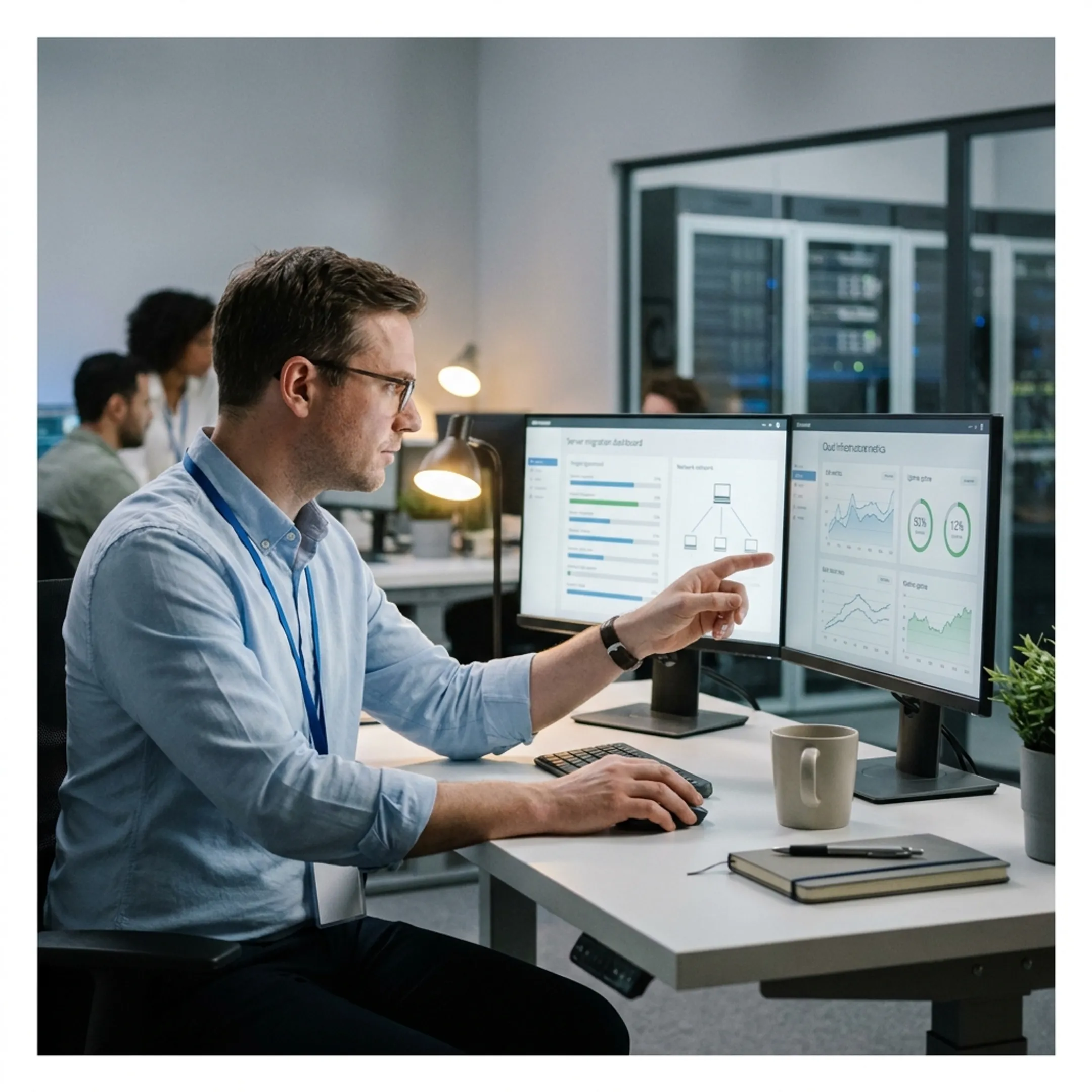 Cloud engineer monitoring server data migration across multiple screens