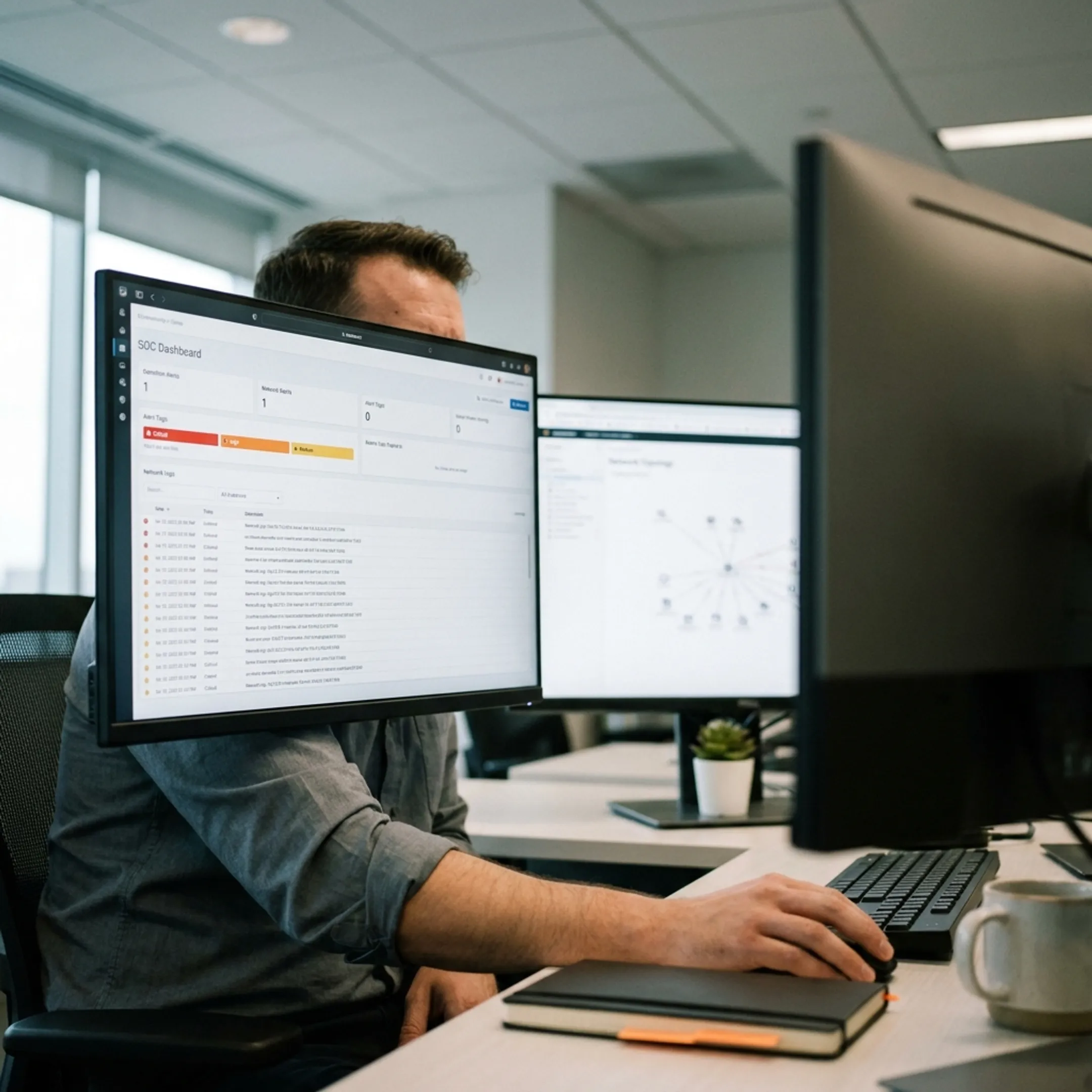 Engineer reviewing cybersecurity telemetry and data privacy dashboard