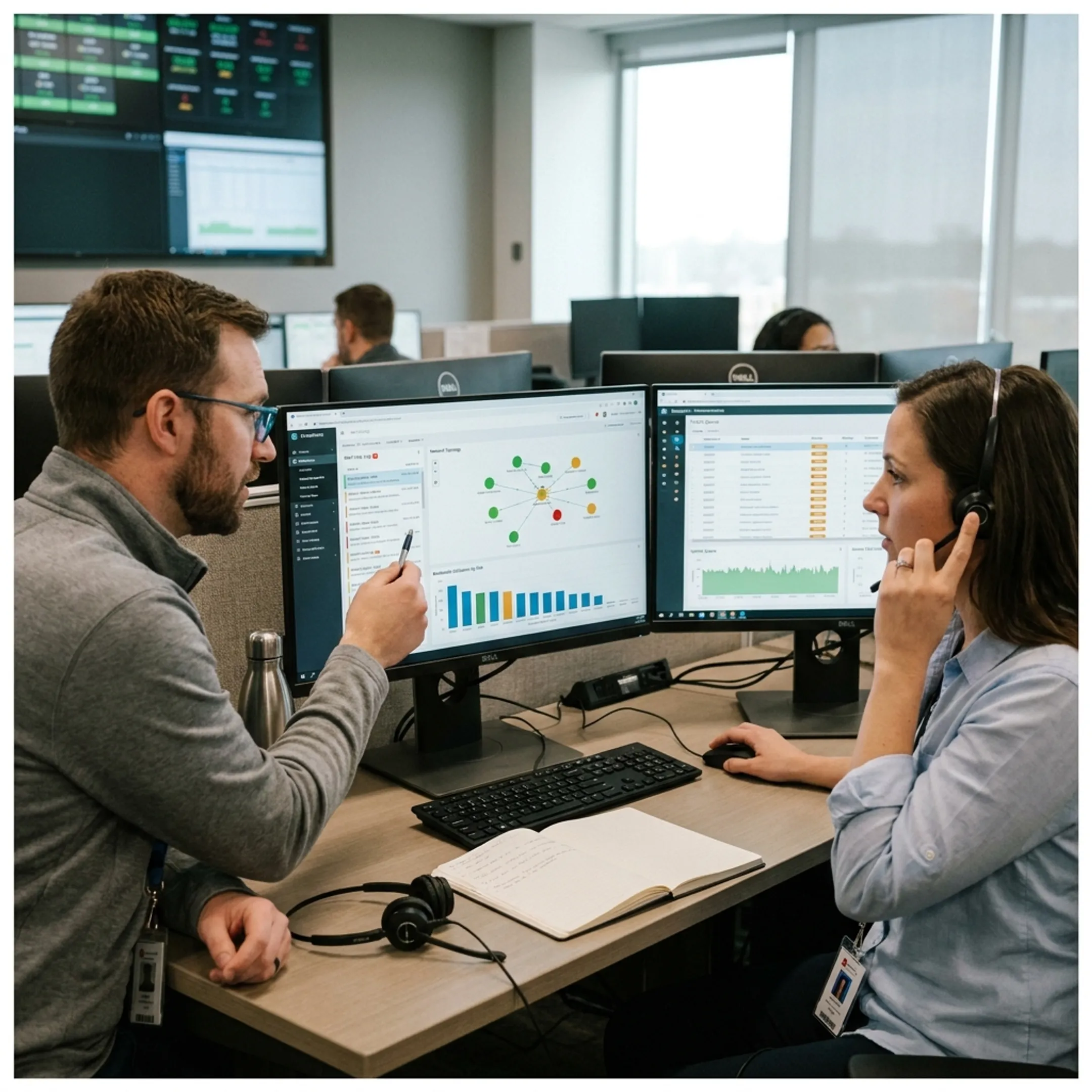 Technical support team monitoring network infrastructure dashboards