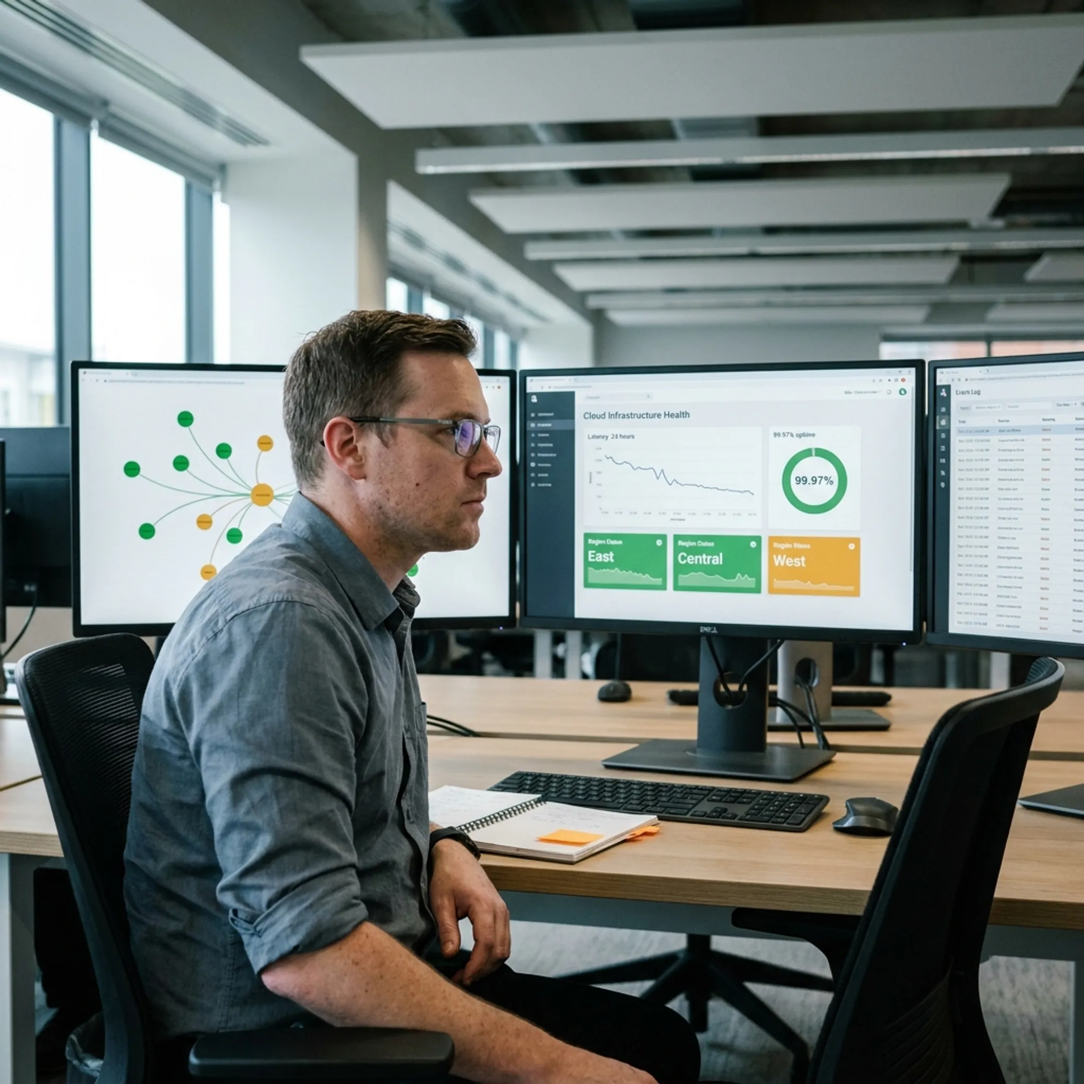 IT consultant reviewing network topology diagram on computer display