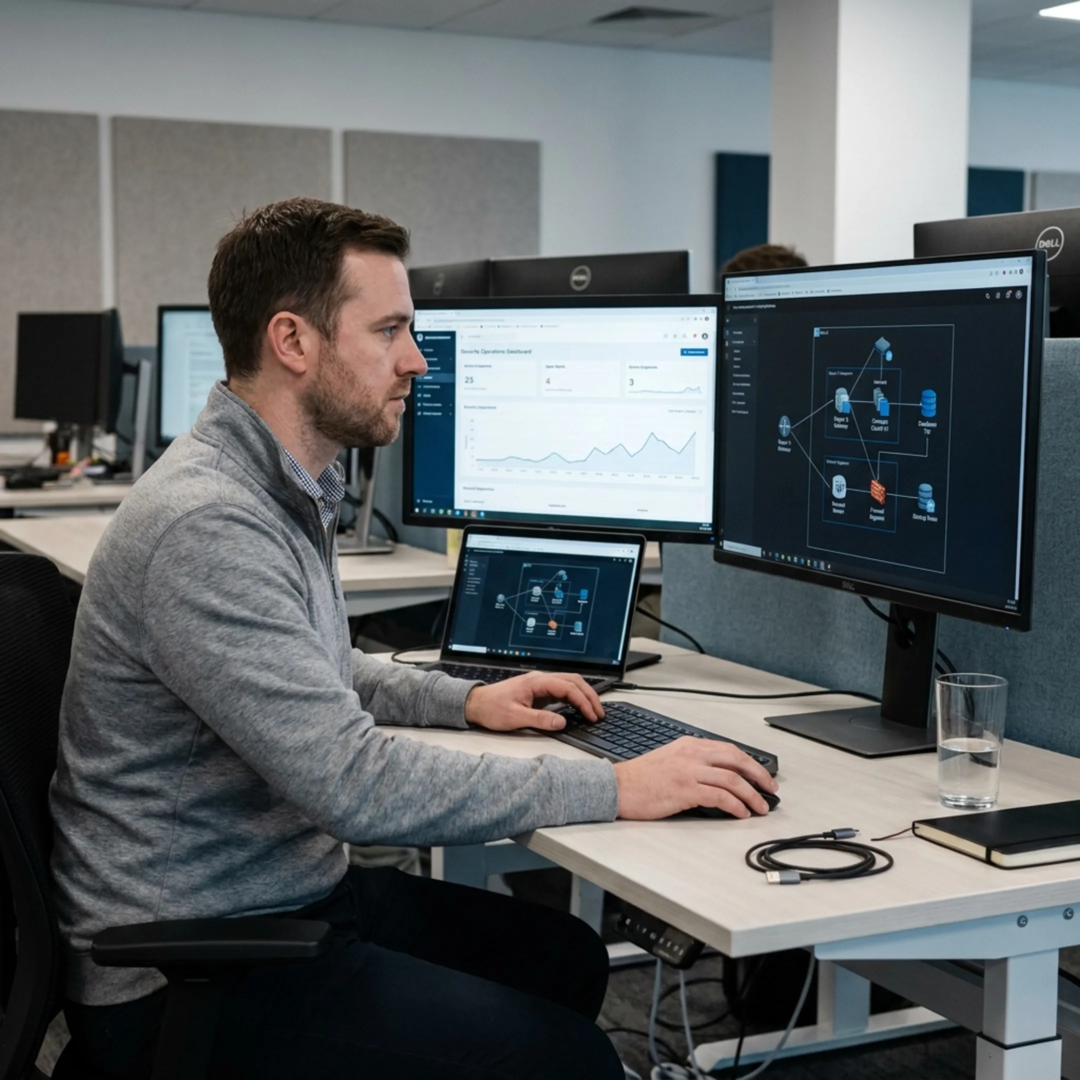 System architect designing cloud migration topology on a digital display