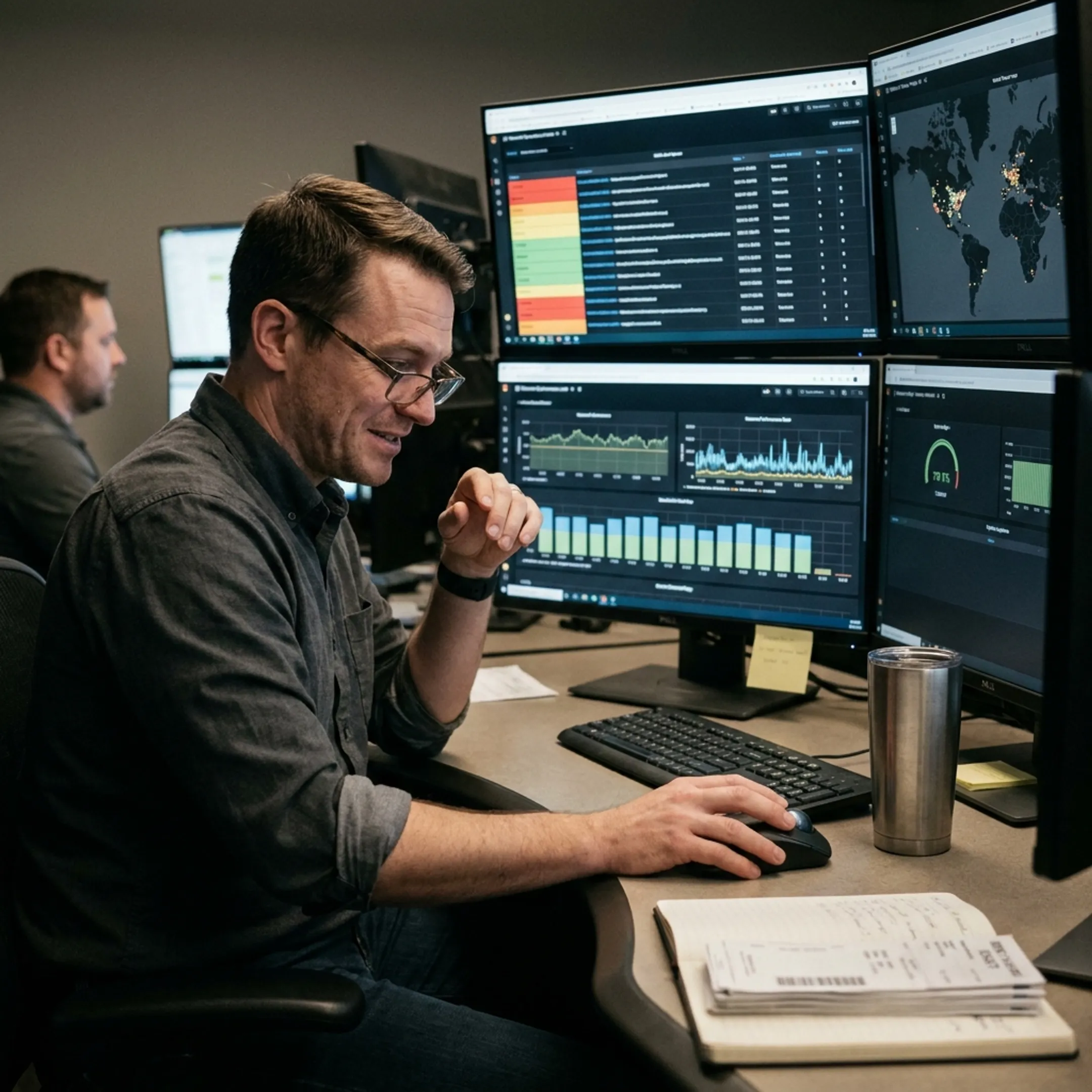 Systems engineer reviewing security dashboards and network infrastructure