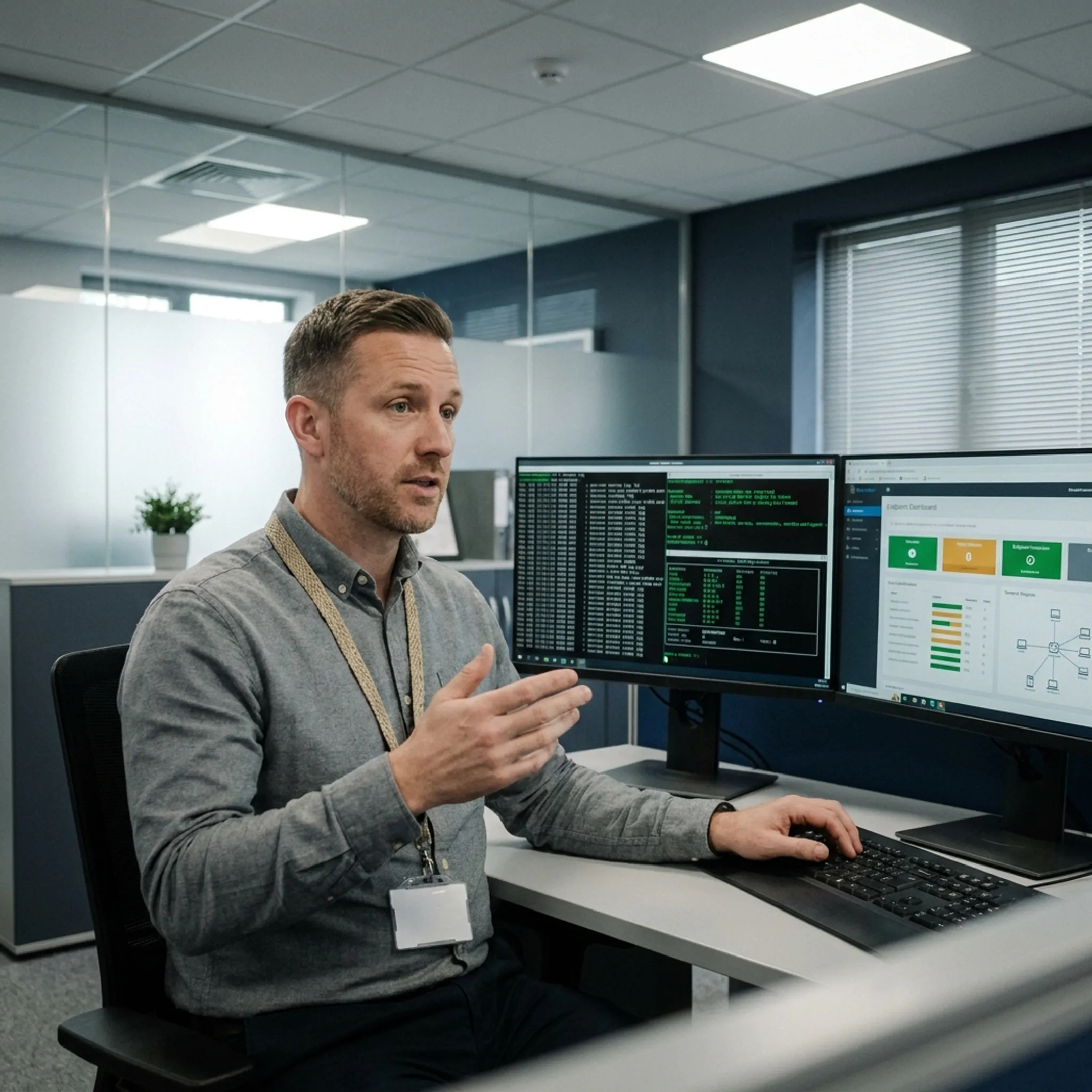 Network security engineer configuring firewall rules and reviewing security logs on a dual monitor setup