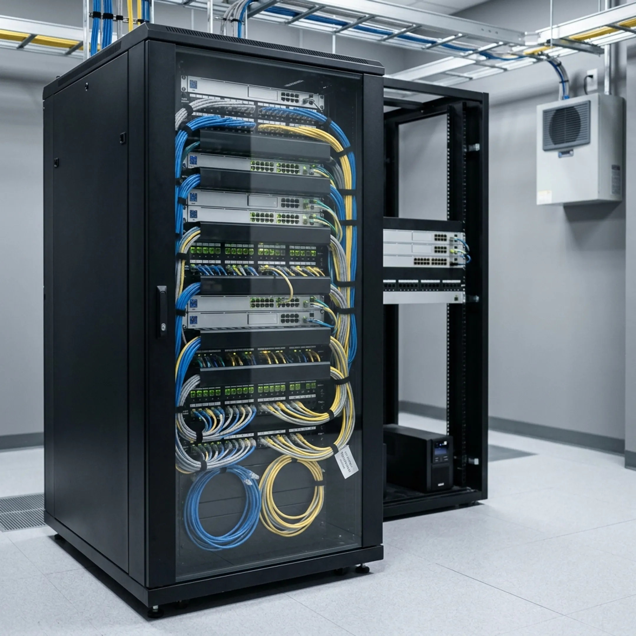 Server racks and enterprise network switches in an organized commercial data room
