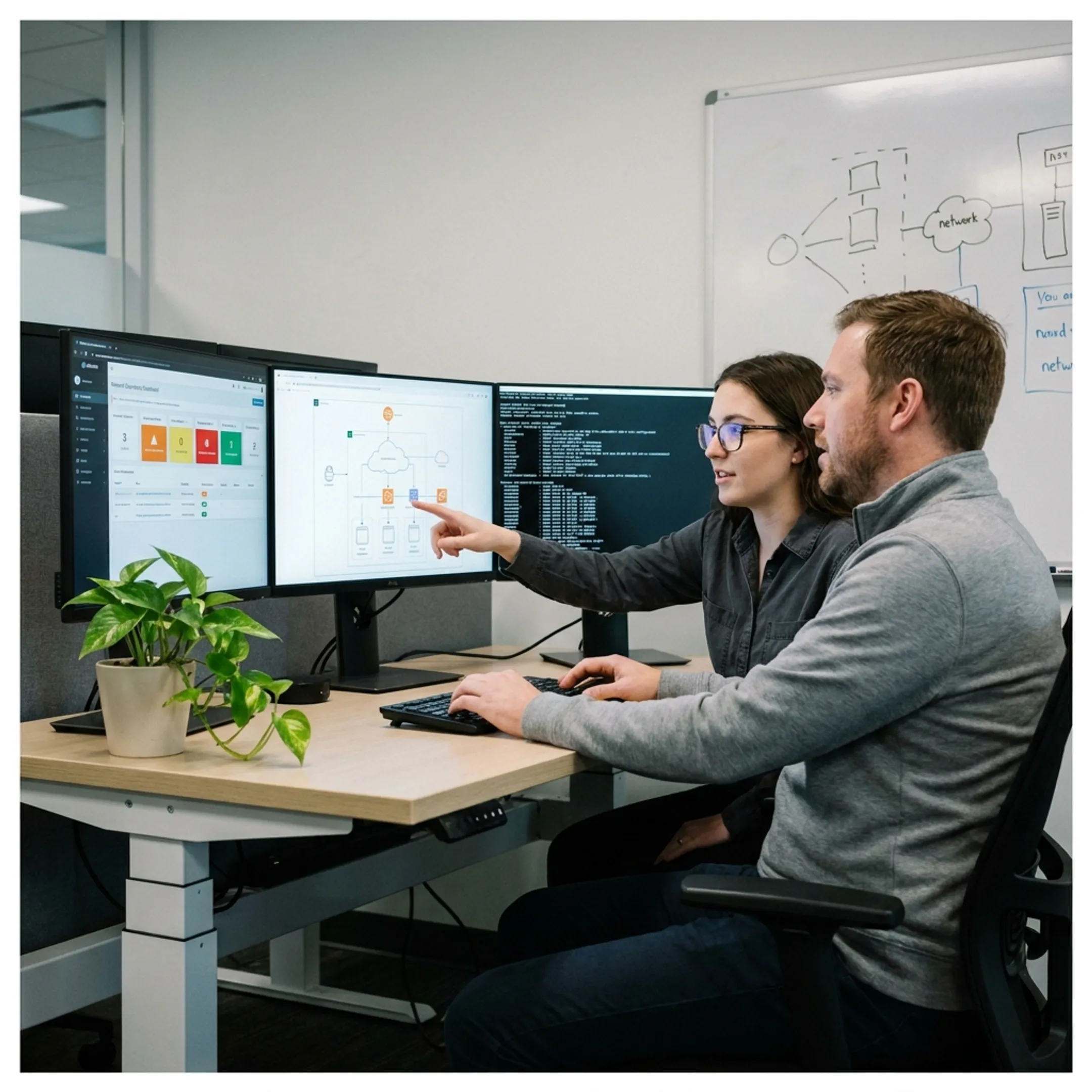 Network engineers collaborating on IT infrastructure optimization
