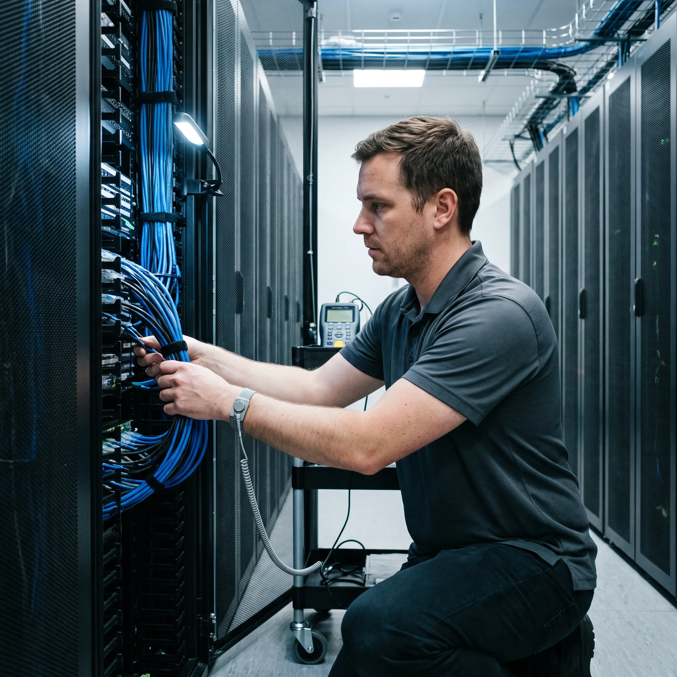 IT professional troubleshooting server hardware in an office server room