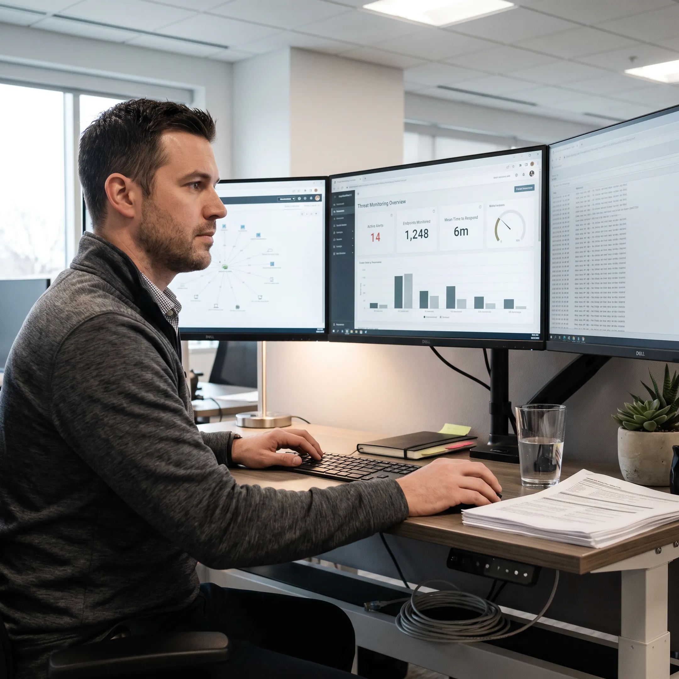Technician reviewing business cloud security infrastructure