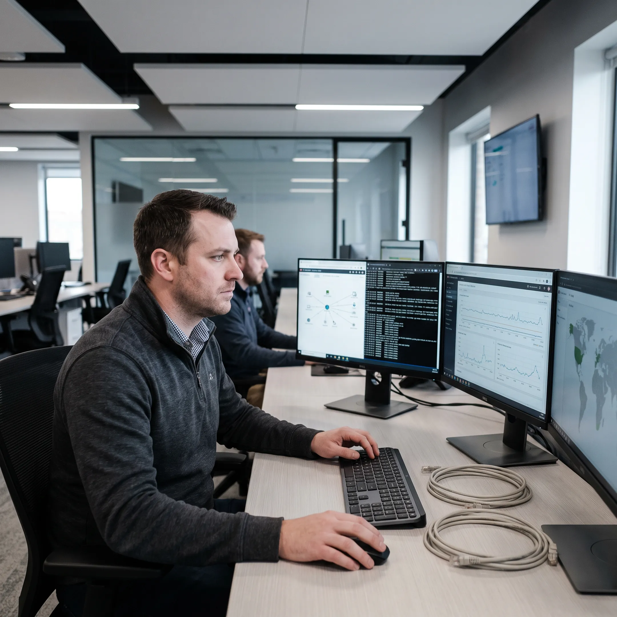 Corporate network operations center monitoring dashboard displays and workstation setups