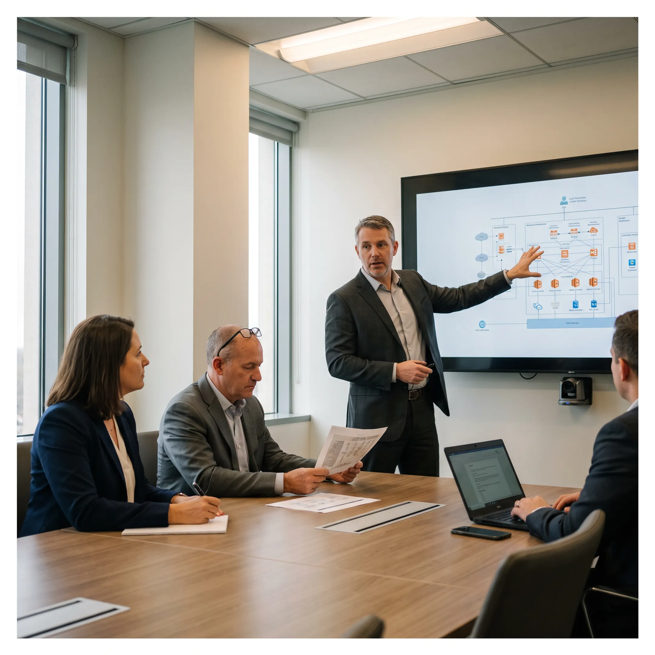 Consultant discussing corporate IT strategy and cloud infrastructure with business leadership