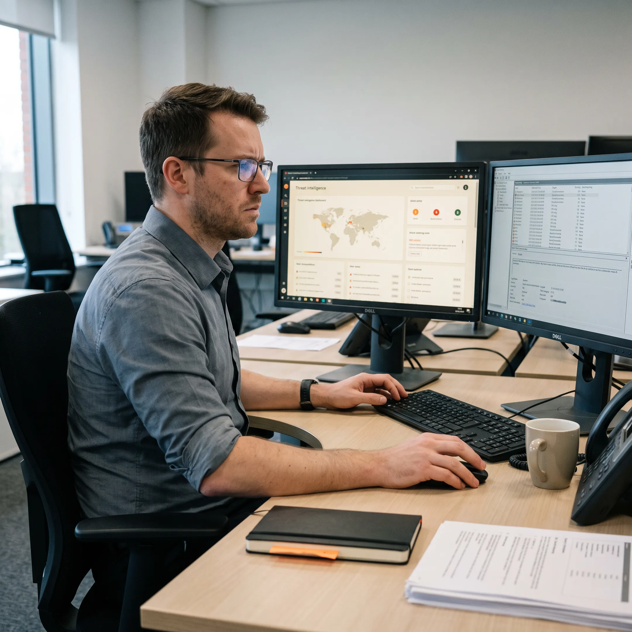 Engineers analyzing threat detection metrics on security operations center monitors