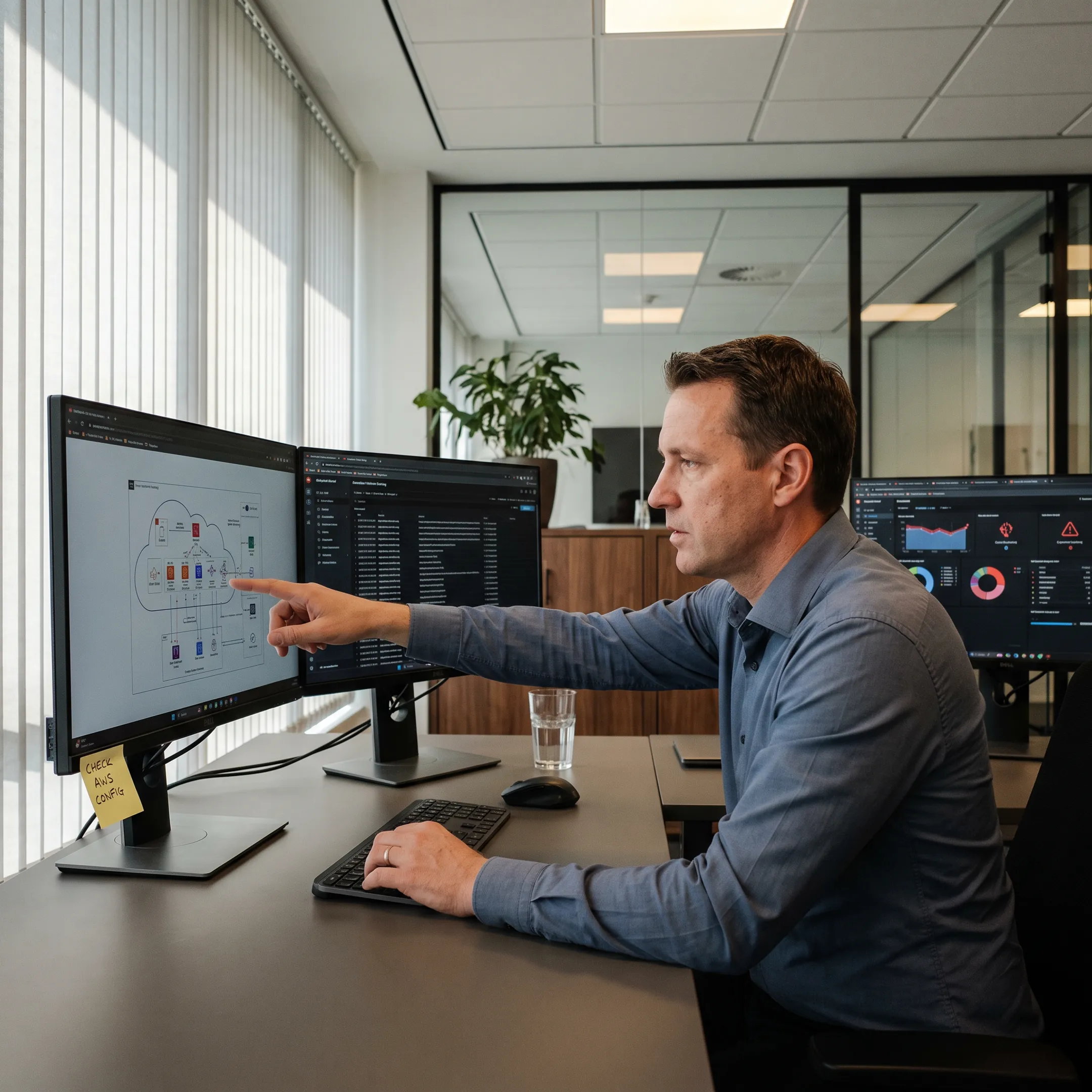 Network security engineer configuring advanced firewall rules for corporate data defense