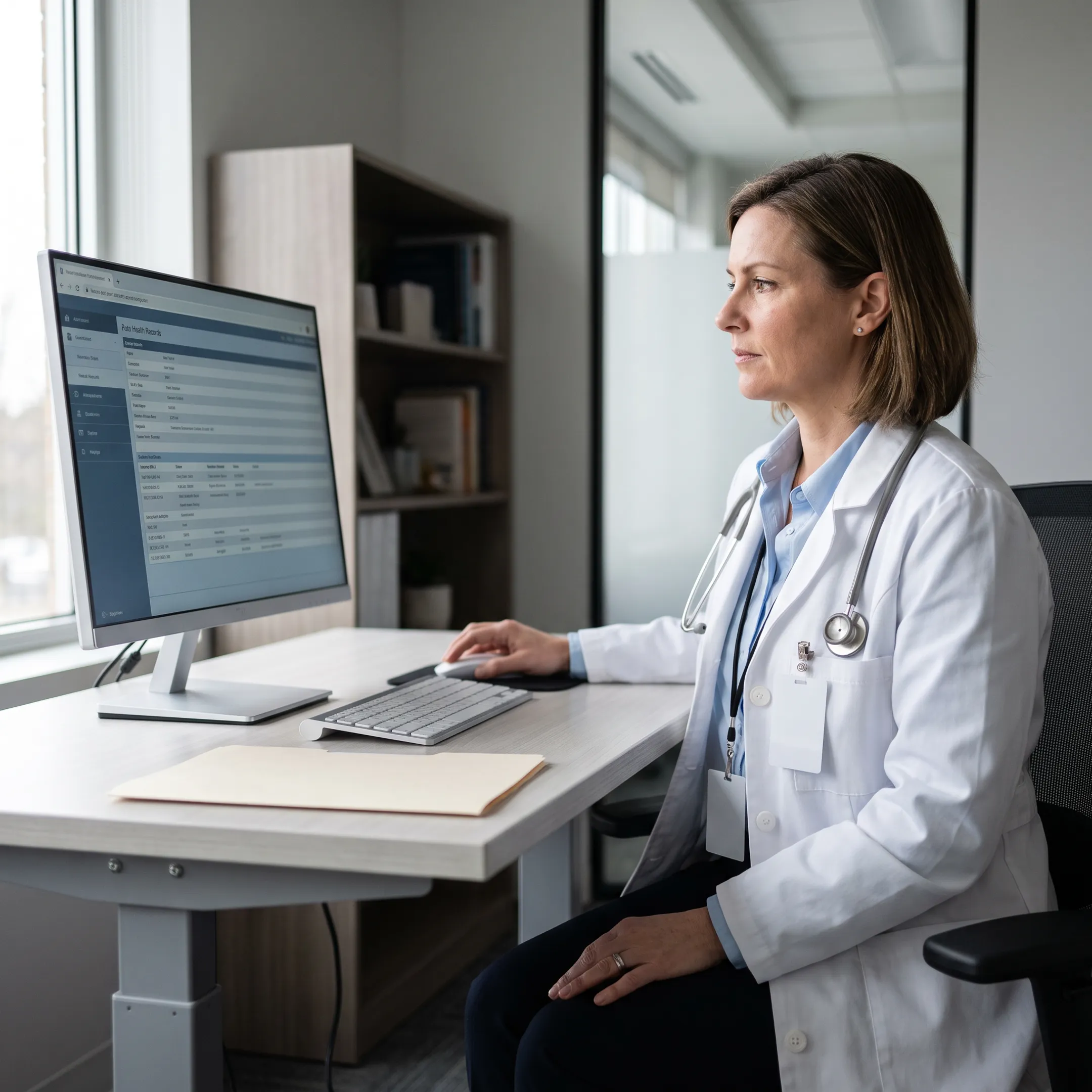 Healthcare provider reviewing electronic health records on a secure computer monitor