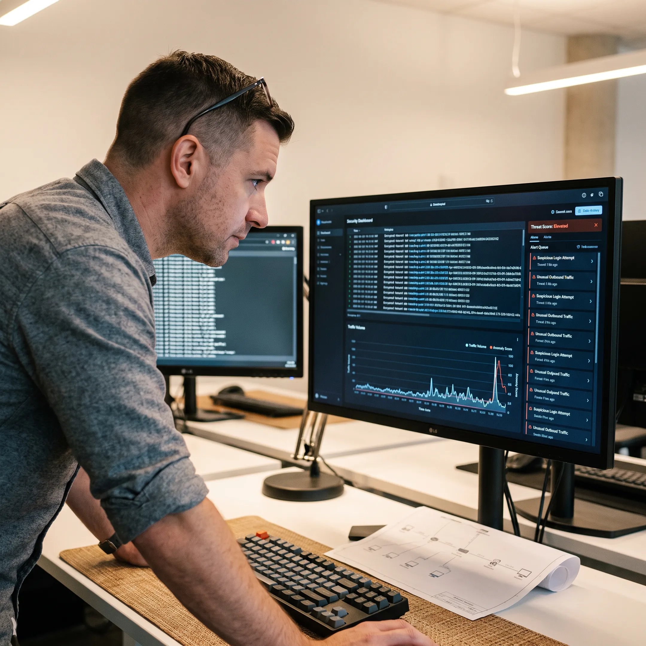 Cybersecurity dashboard displaying network threat analysis and real-time incident reports