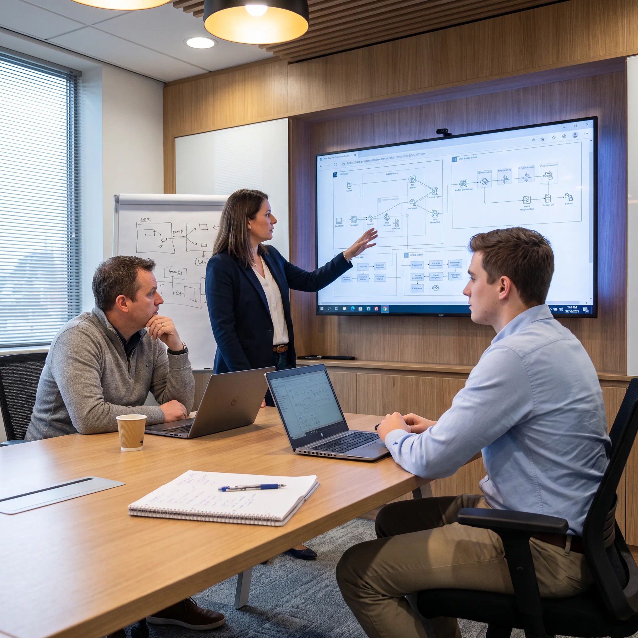 Engineers collaborating over artificial intelligence pipeline diagrams on a digital display.