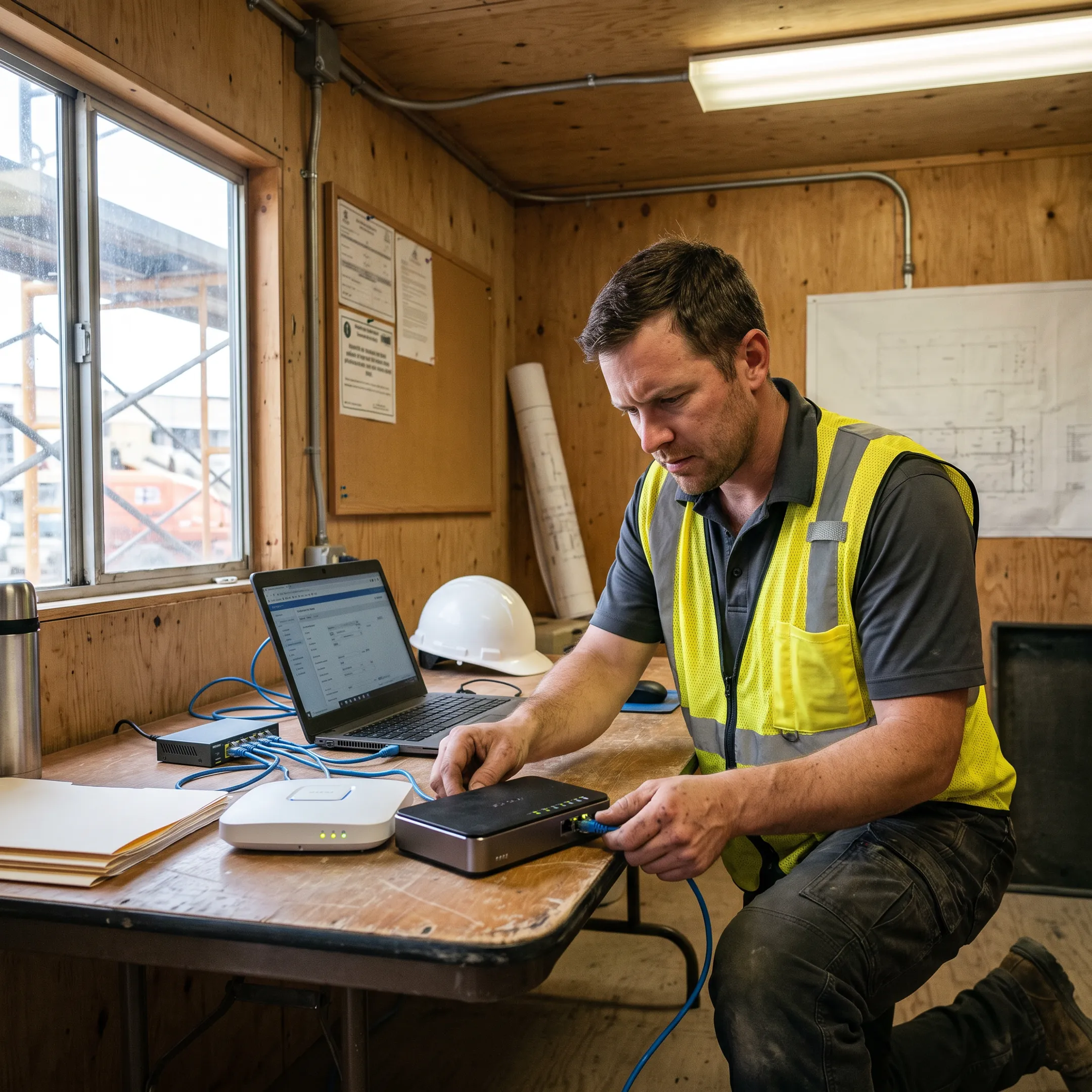 IT technician configuring networking equipment inside a temporary construction jobsite trailer