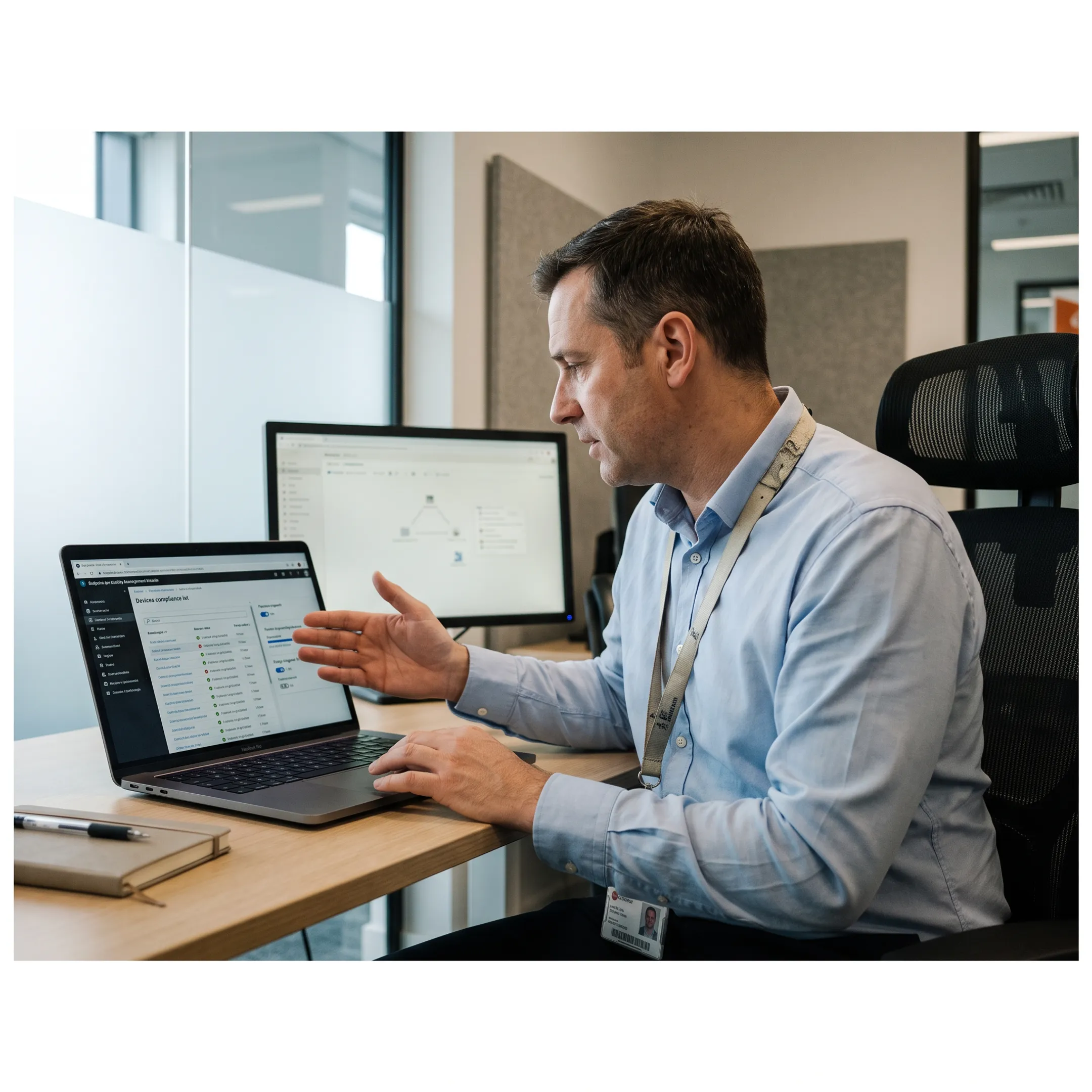 Technician reviewing endpoint security management alerts
