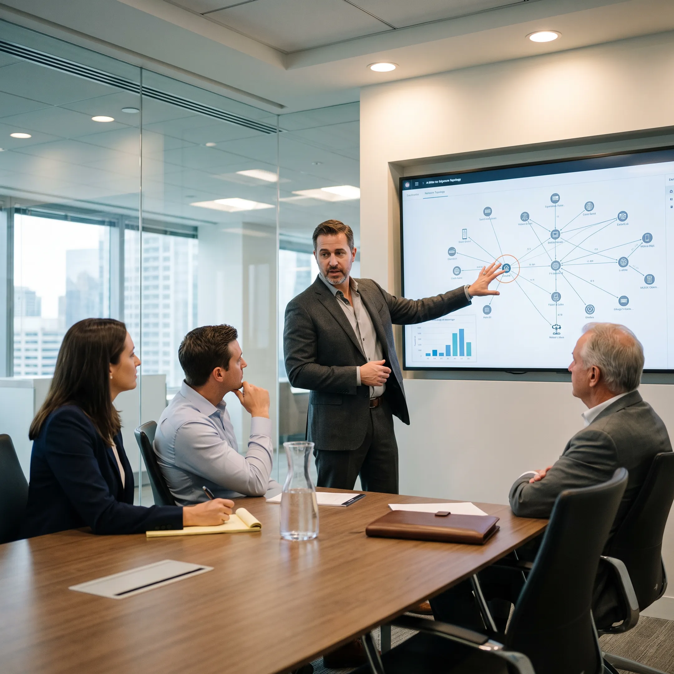 IT security consultant presenting defensive roadmap to corporate team in conference room.