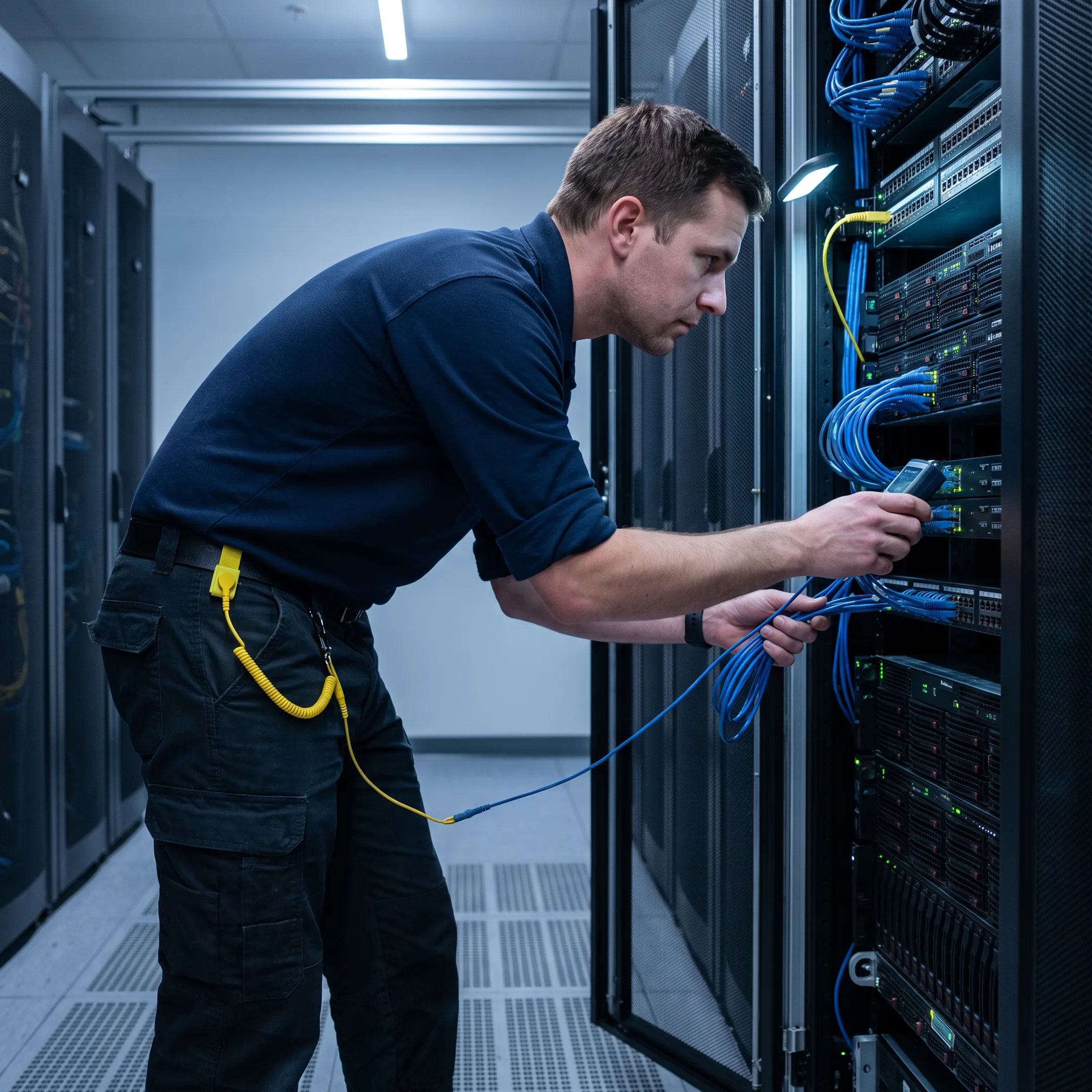 IT engineer performing diagnostic tests on network server equipment