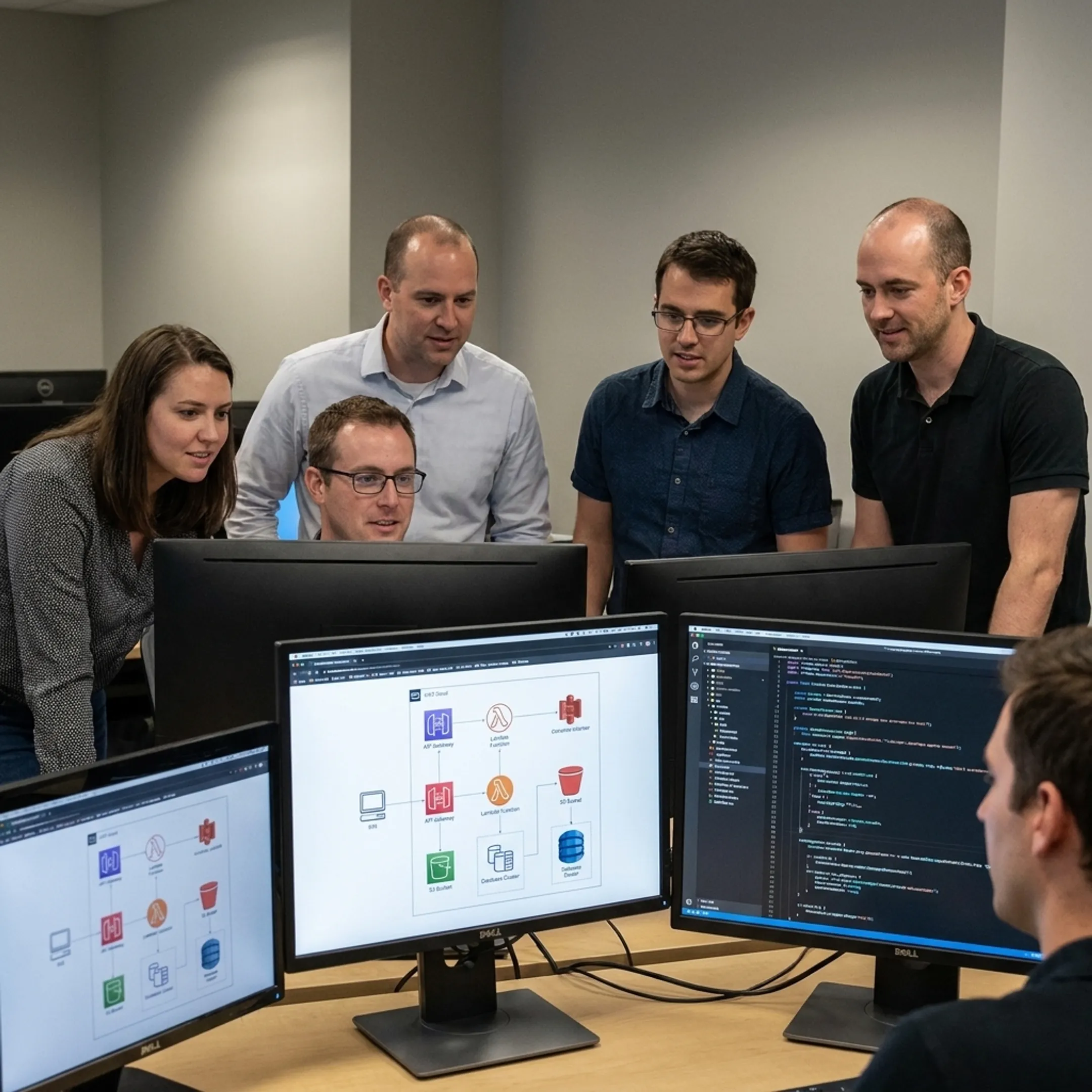 Development team reviewing application code and cloud deployment pipelines