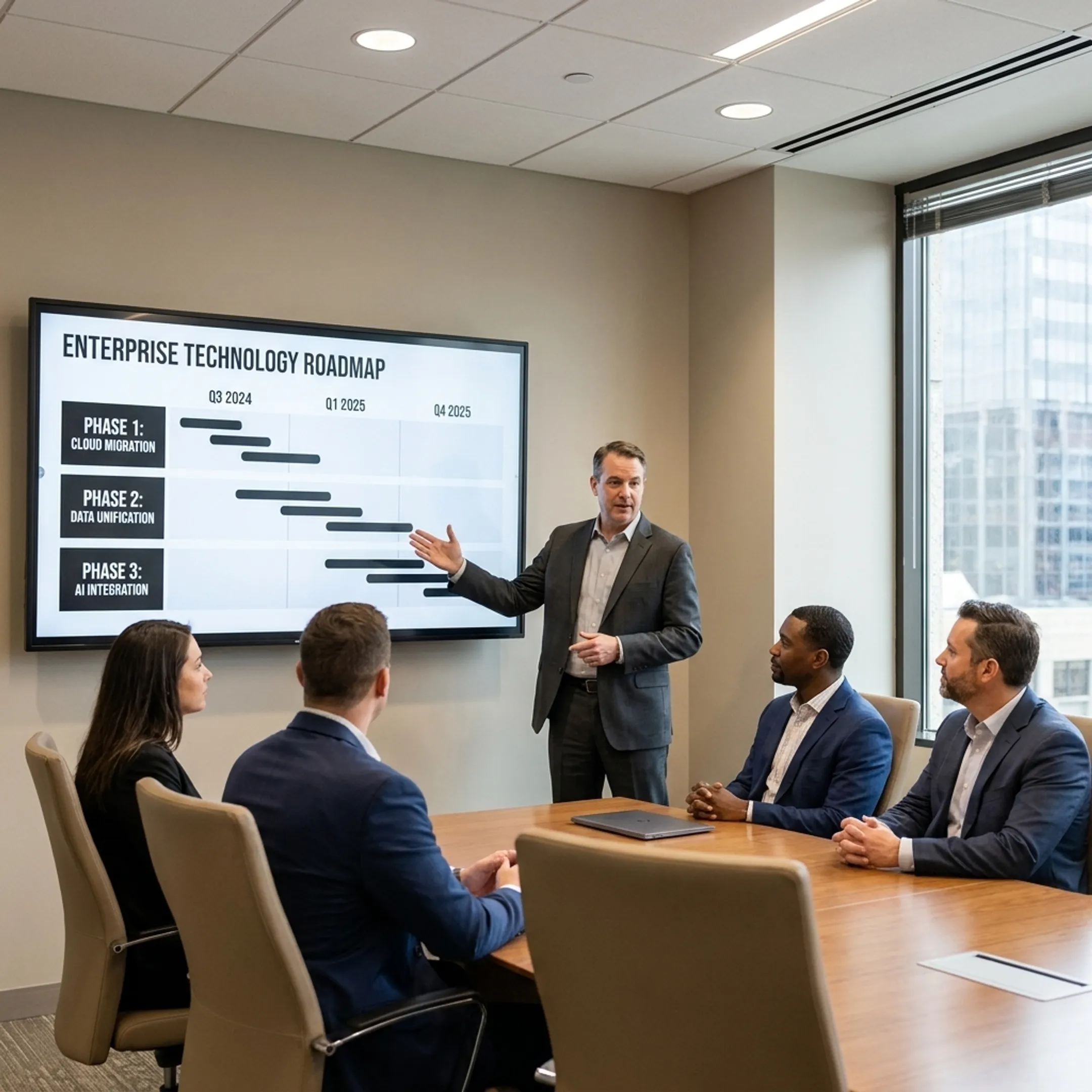 Senior technology advisor collaborating with business stakeholders on IT systems modernization