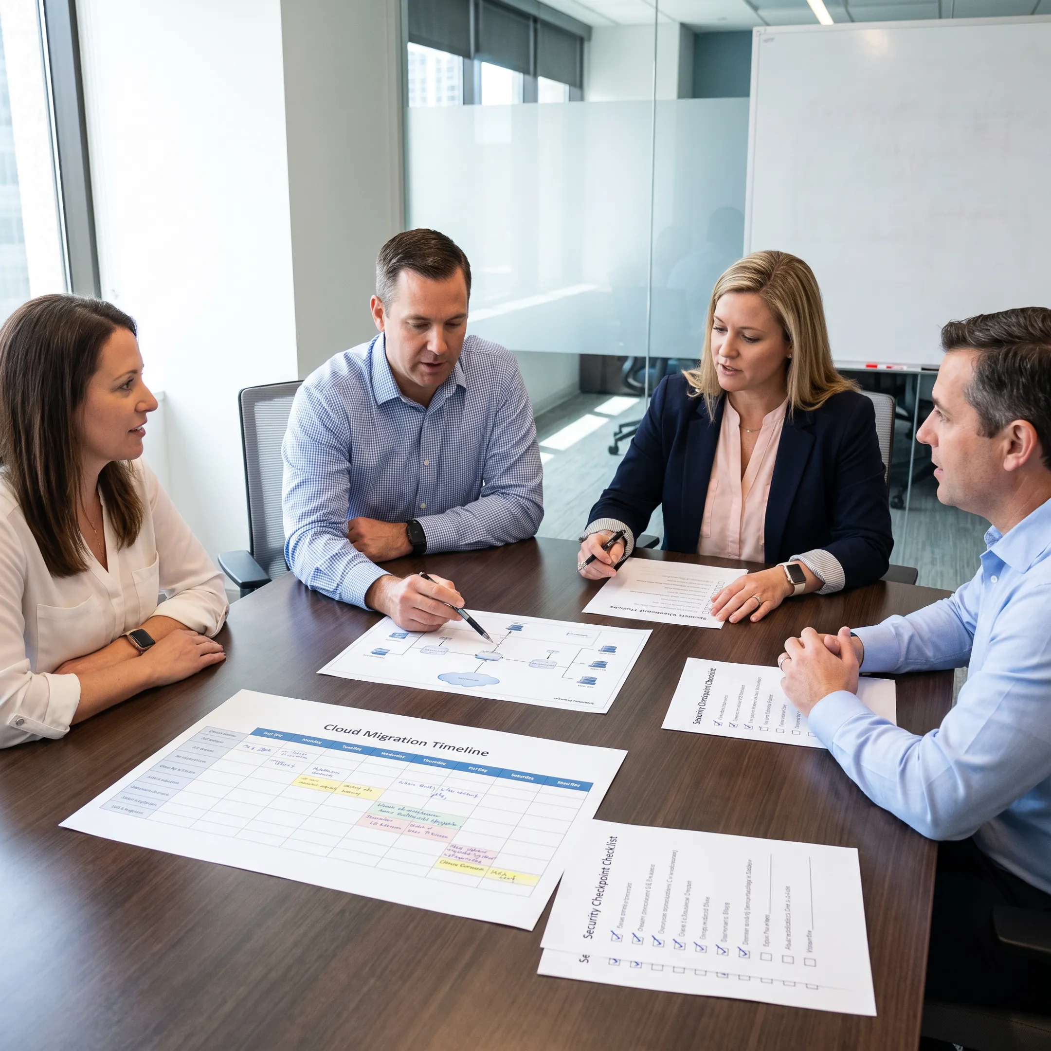 Technical team planning enterprise cloud migration steps on a digital board