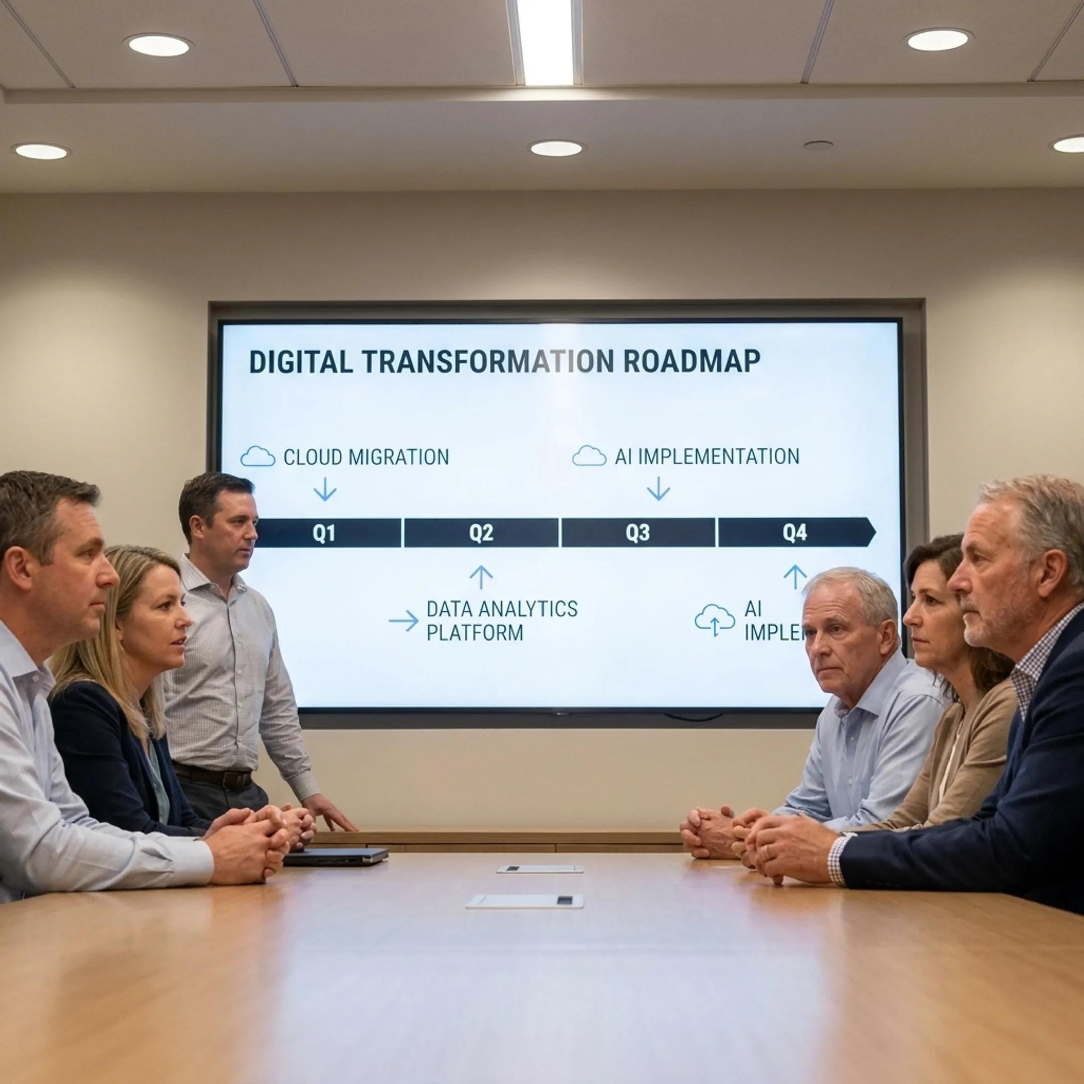 IT consultant collaborating with business managers on technology strategy