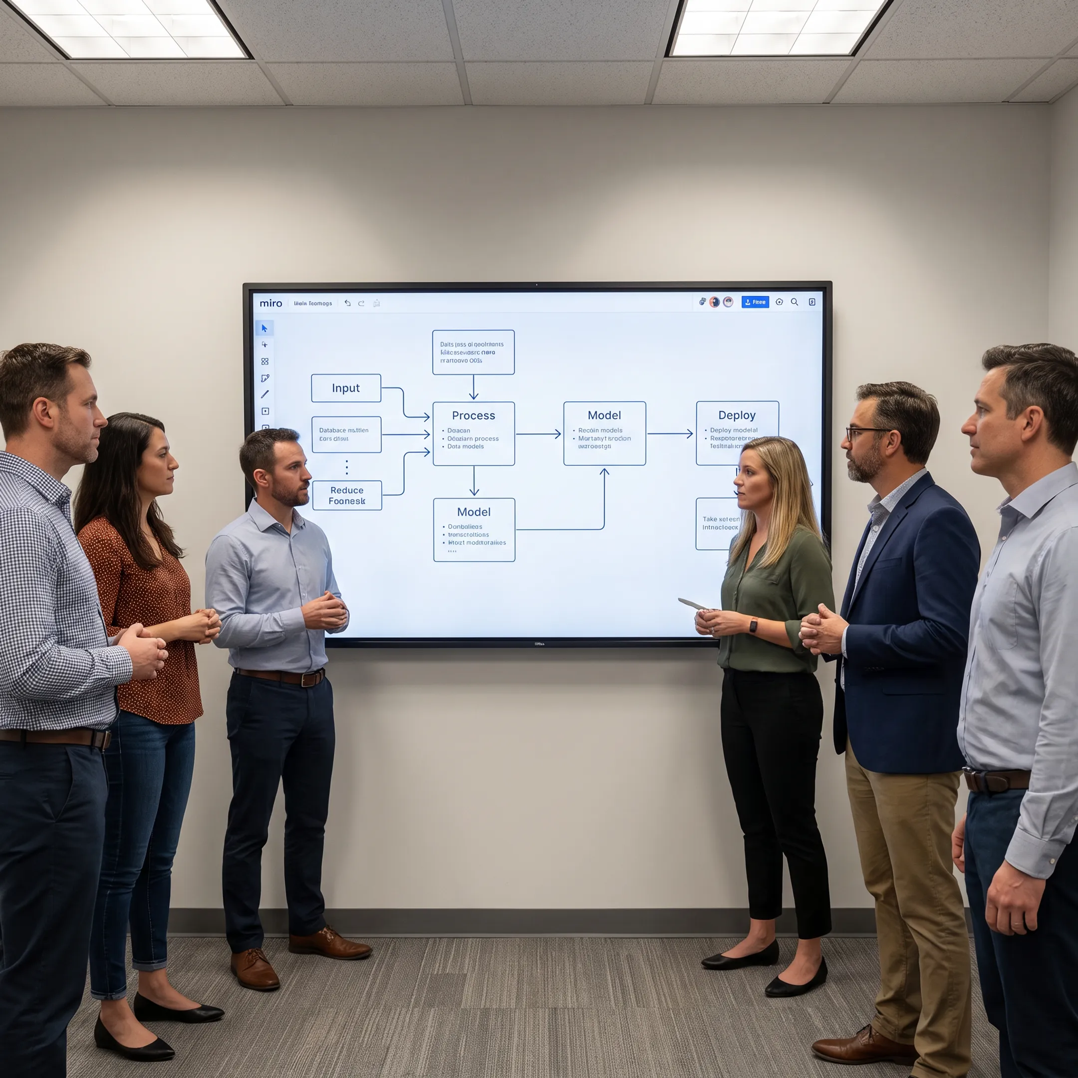 Engineers collaborating on an artificial intelligence pipeline architecture diagram in a tech workspace