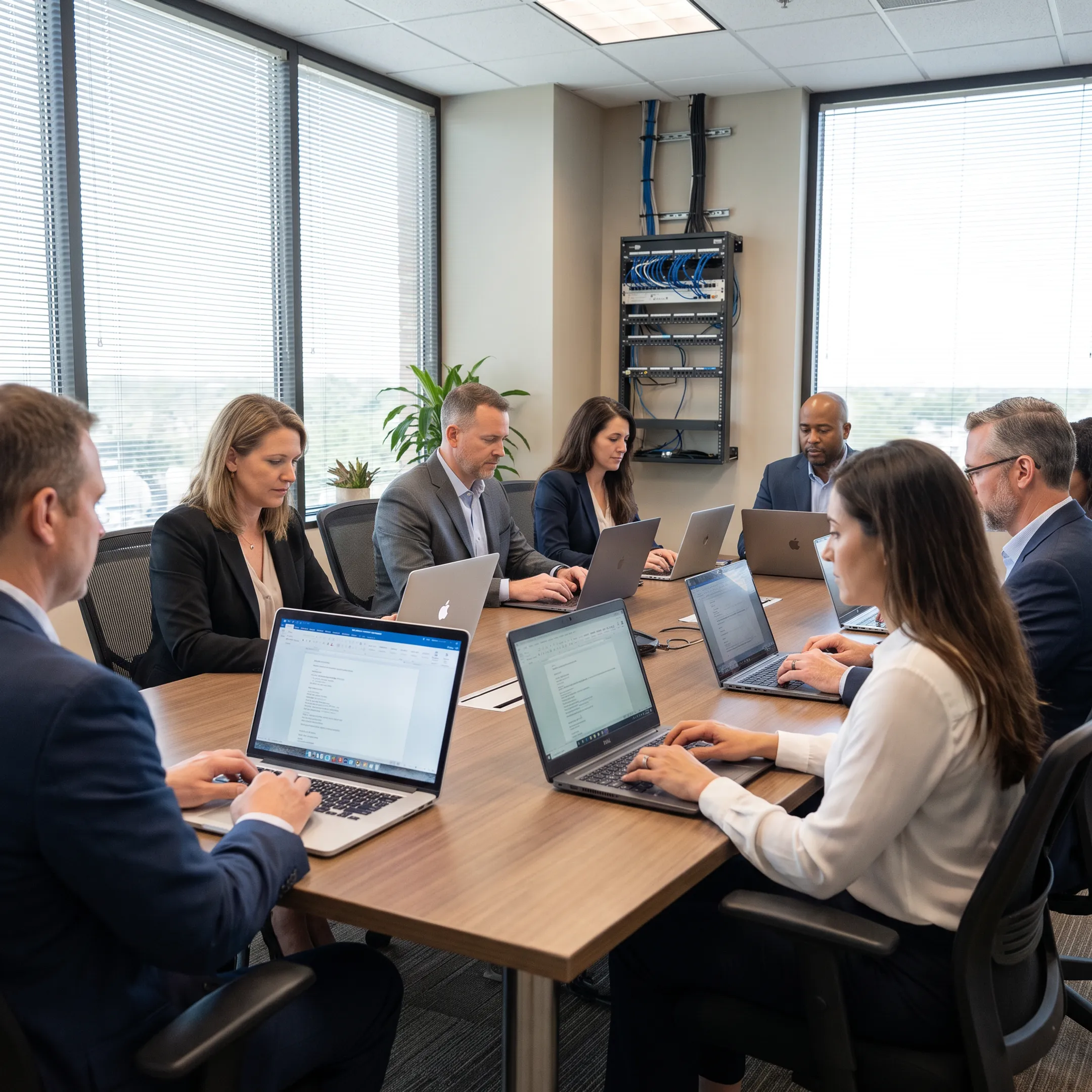 Business professionals collaborating in an office with modern workstation technology