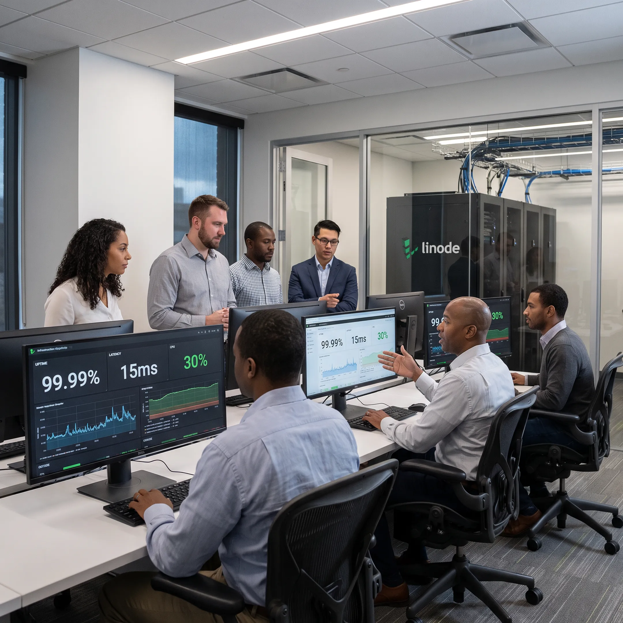 Enterprise technical support team collaborating on infrastructure management in a modern office.