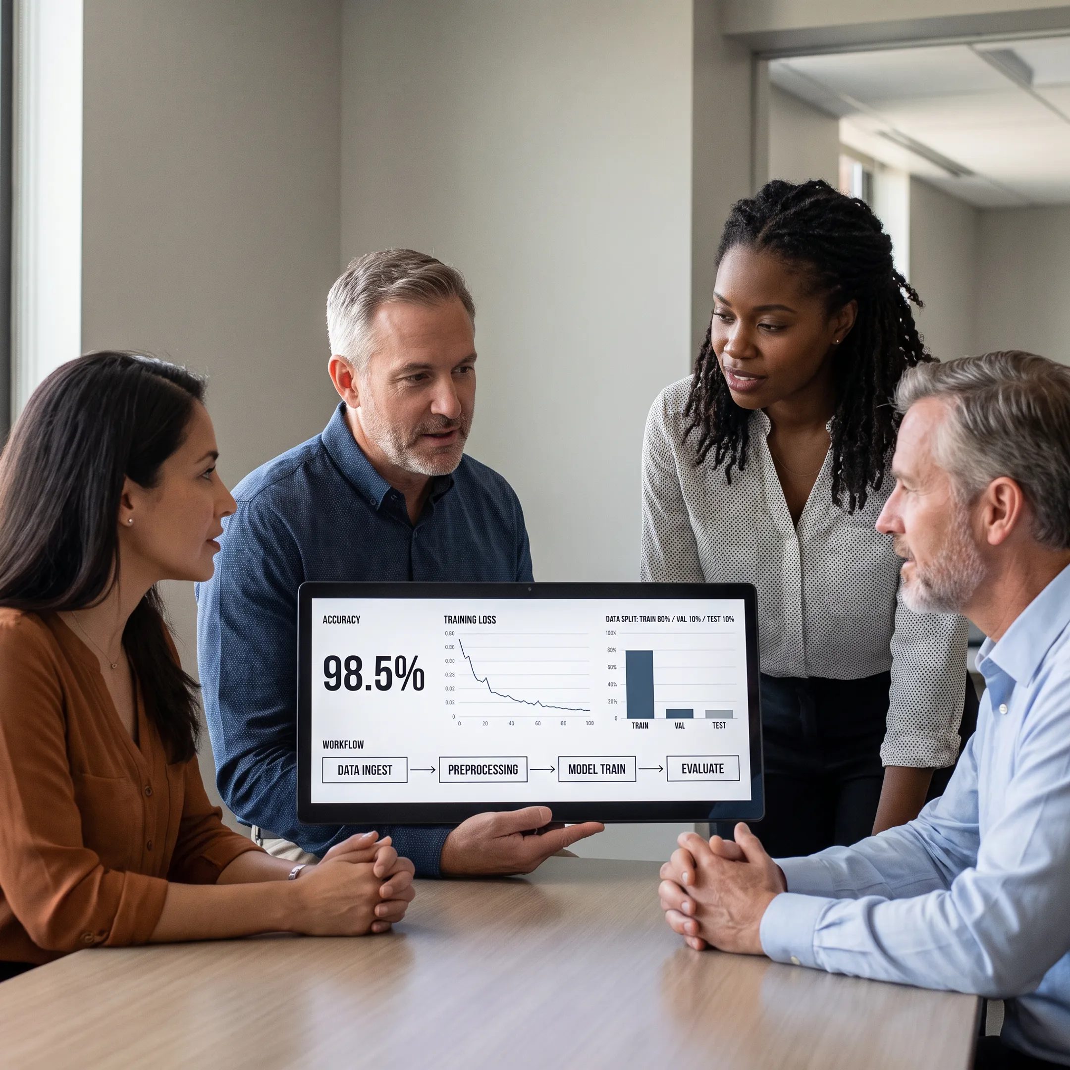 Engineers reviewing machine learning models and code deployment on screens