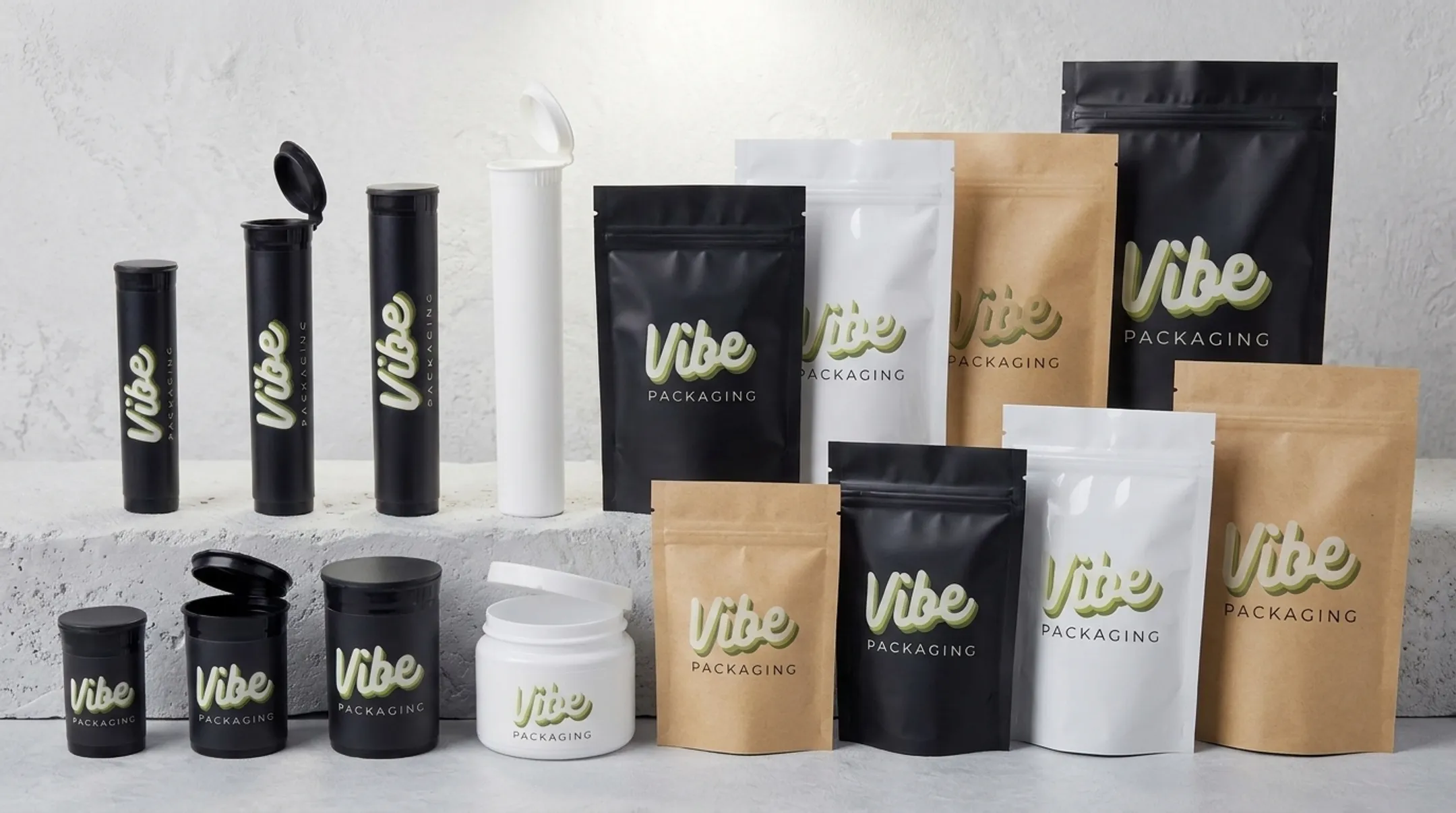VibePKG supplement packaging container lineup including tubes jars and pouches