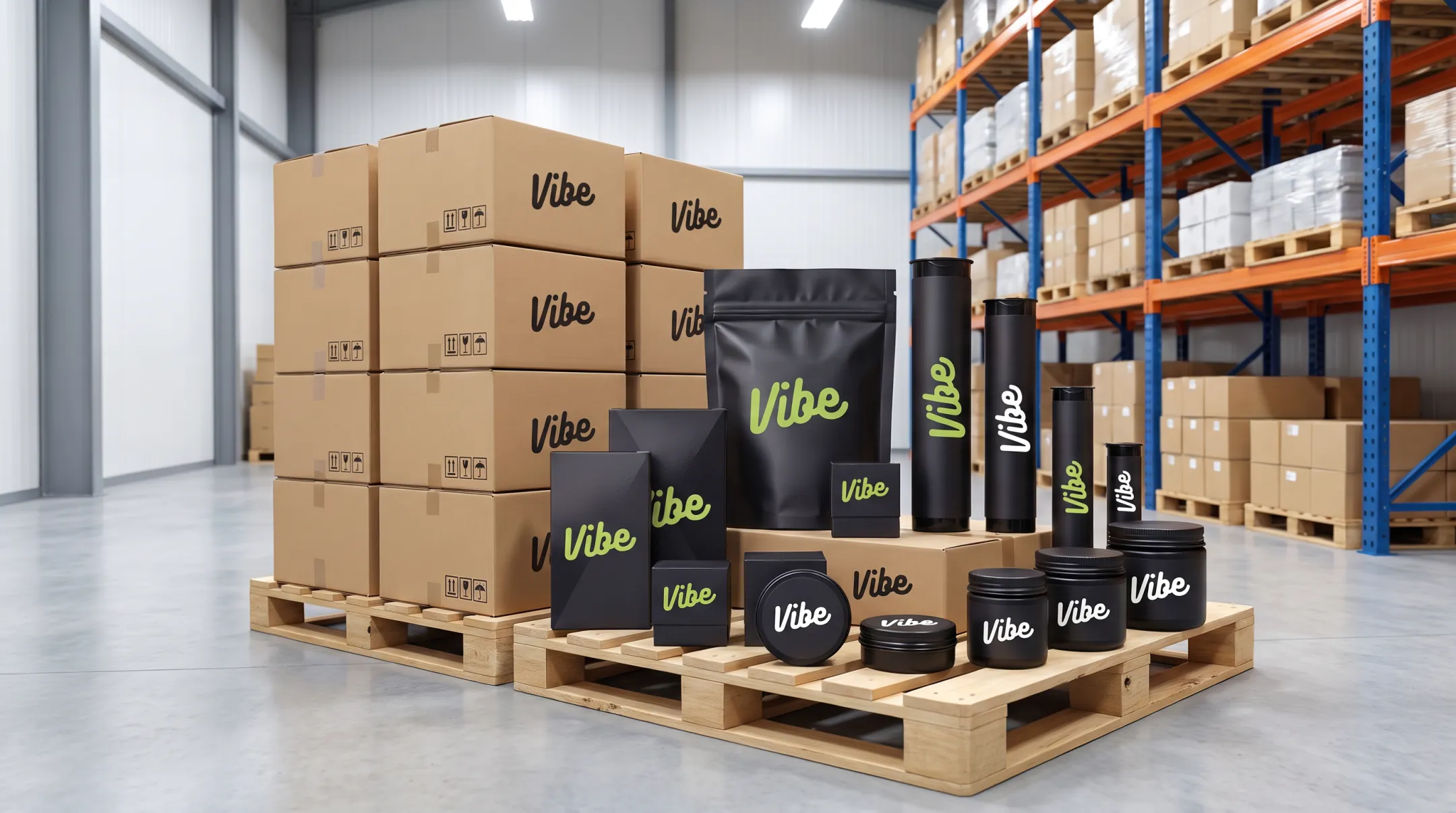 VibePKG child-resistant cannabis packaging including Mylar bags and tins
