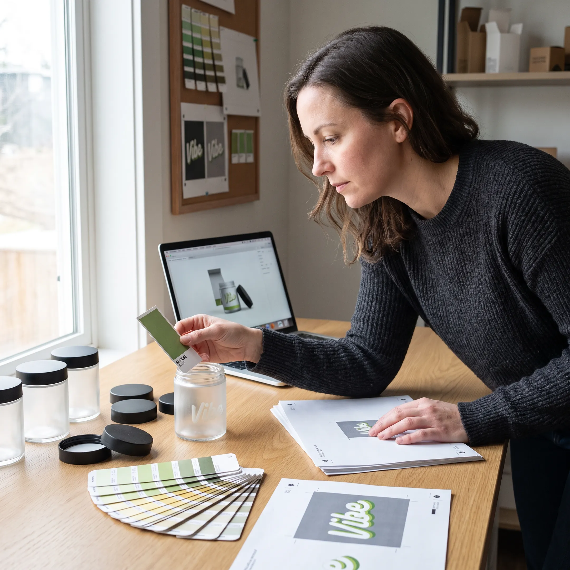 Designer reviewing branded cannabis jar packaging